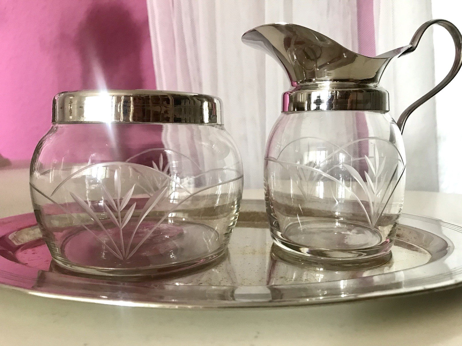 Antik Jugendstil 3 Teile Milch& Zucker Tablett Metallmontur & Glas geschliffen