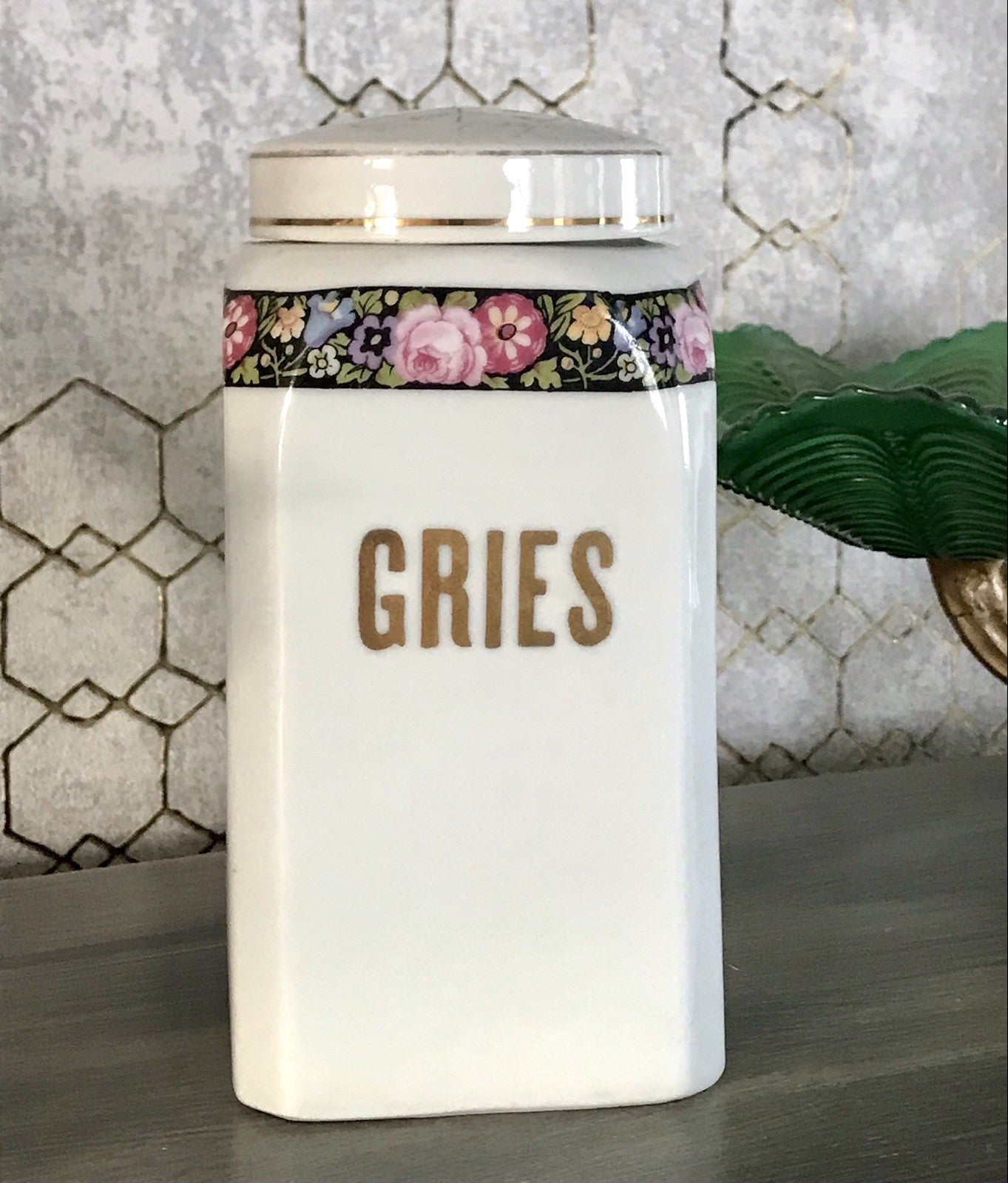 Antik Porzellan Dose Vorratsgefäß Vorratsdose Gries Blumenborte Art Déco