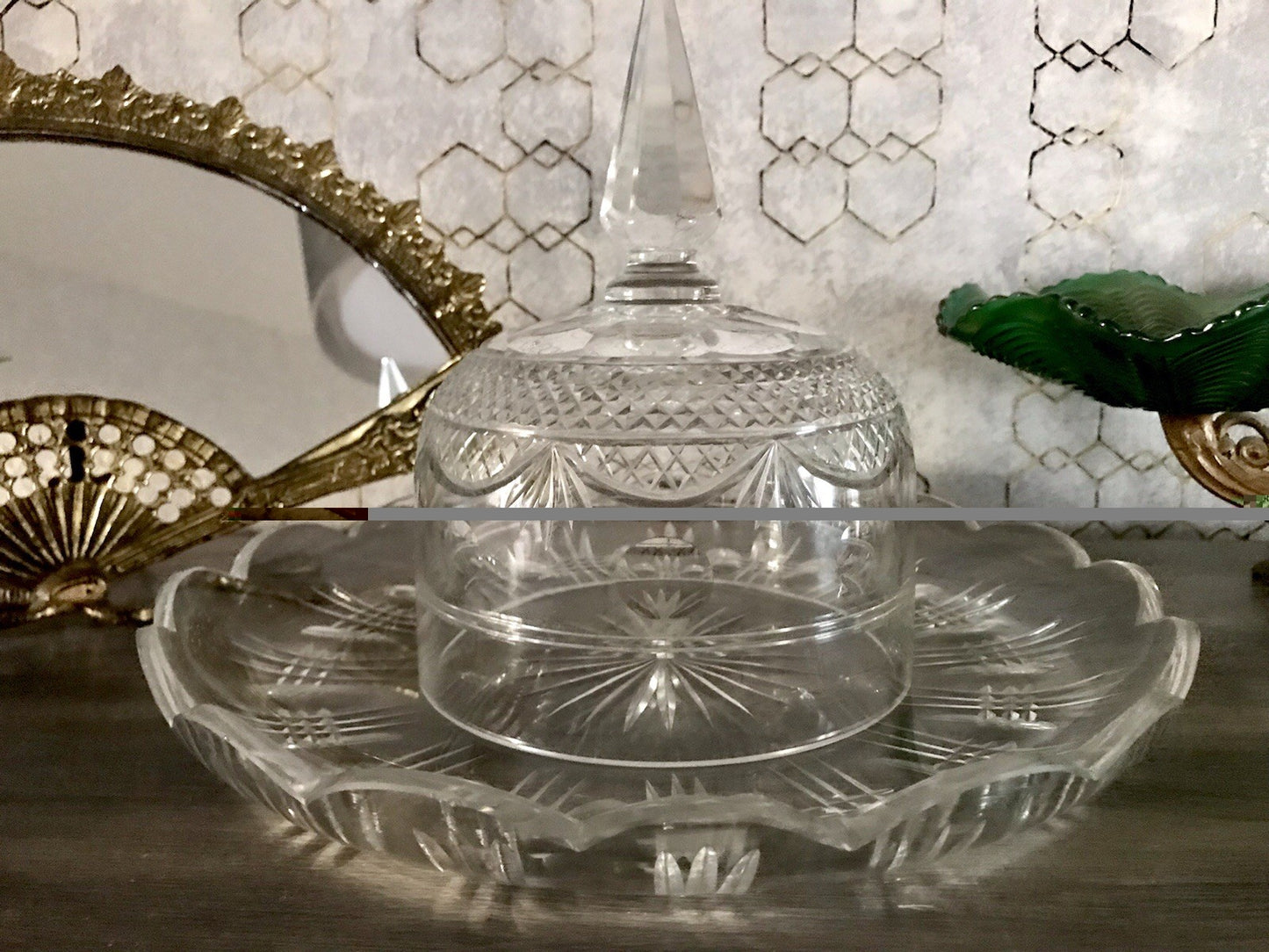 Antik EDEL Cloche Speise Glocke Käseglocke Butterglocke Schliff Kristallglas