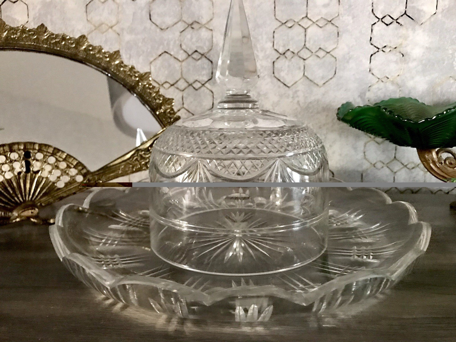 Antik EDEL Cloche Speise Glocke Käseglocke Butterglocke Schliff Kristallglas
