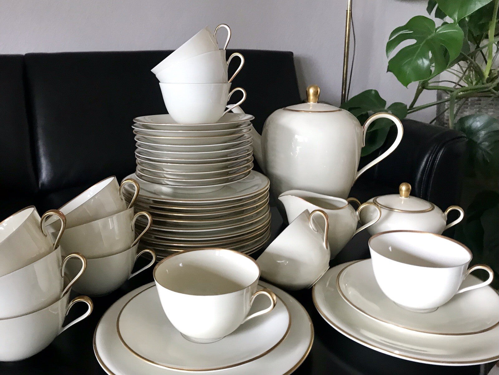 Vintage Art Déco elfenbein Porzellan Kaffeeservice Service 12 Pers. Edelstein
