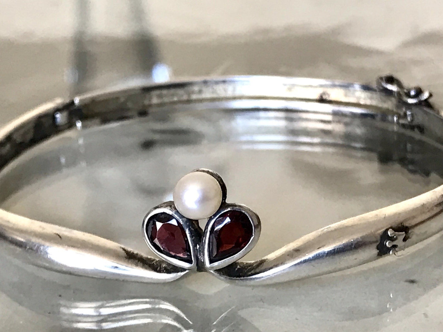 Antik alt Silber Armreif Reif Armband Armspange Granate & Perle so schön!
