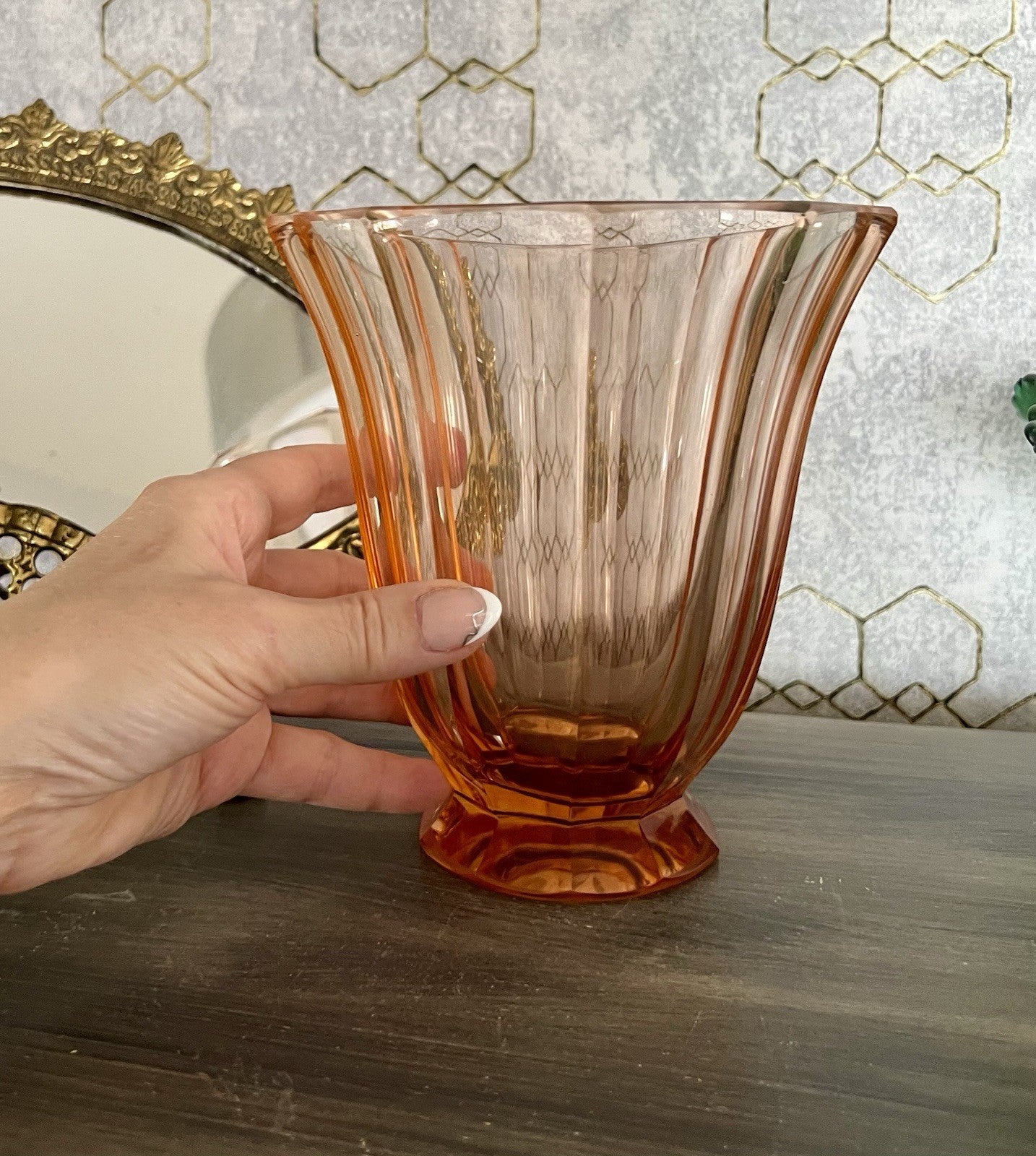 Antik Art Déco Vase Glasvase geschliffen rosa Rosalin Glas