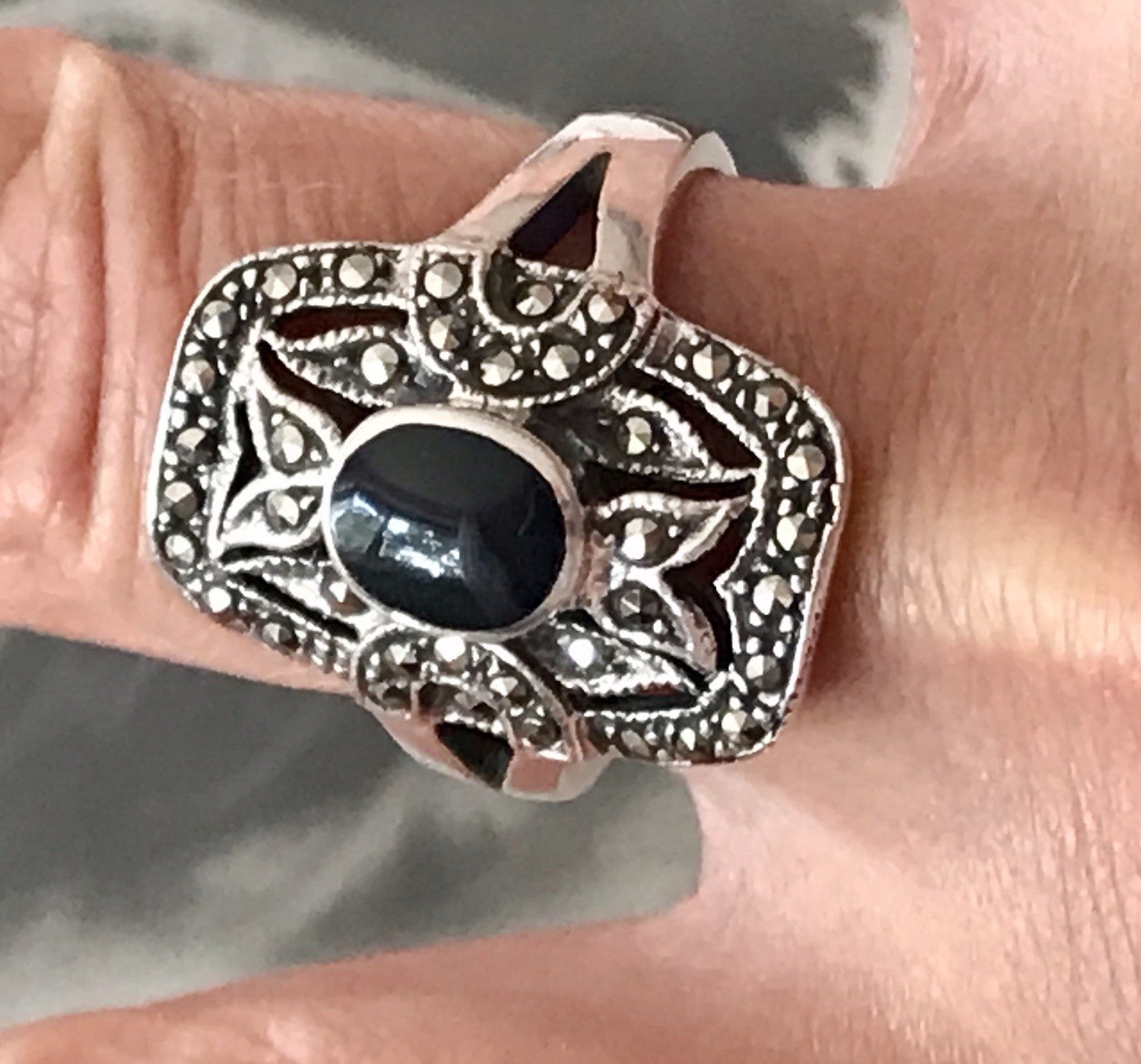 Antik Art Déco Damen Schiffchen Ring 925 Silber Gr.60 Onyx Markasite