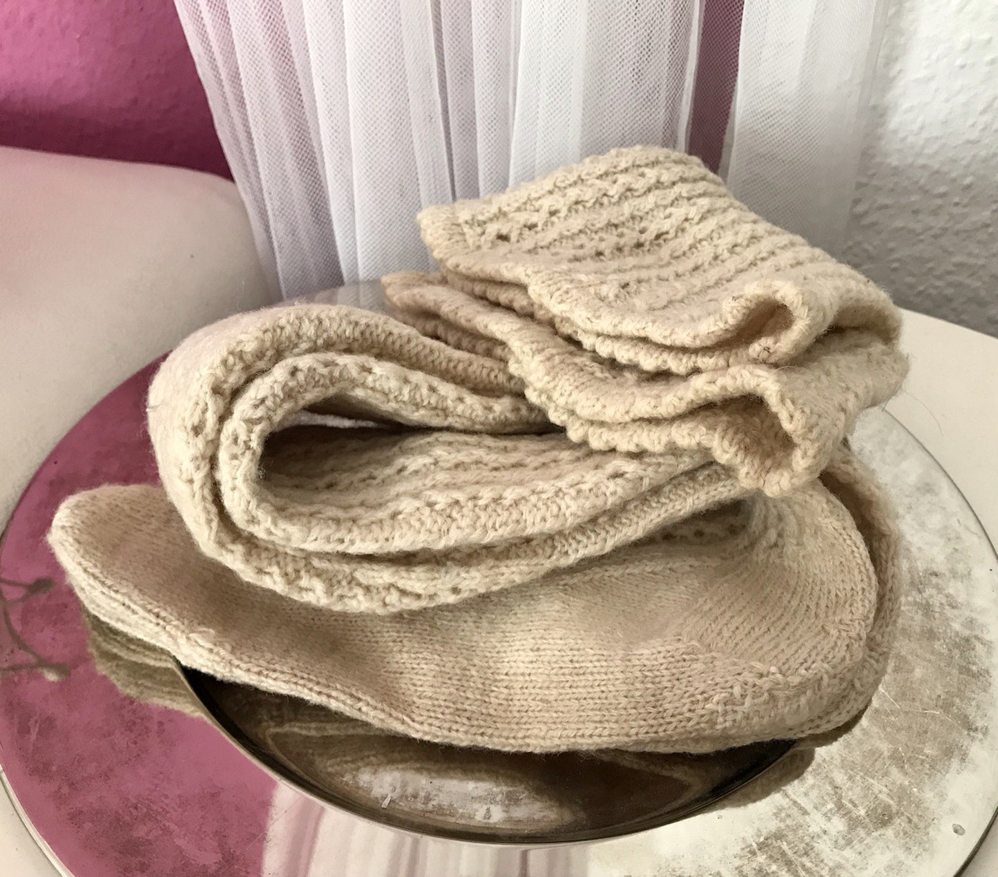 Antik Strümpfe Overkneestrümpfe Schaf-Wolle beige Trachten?