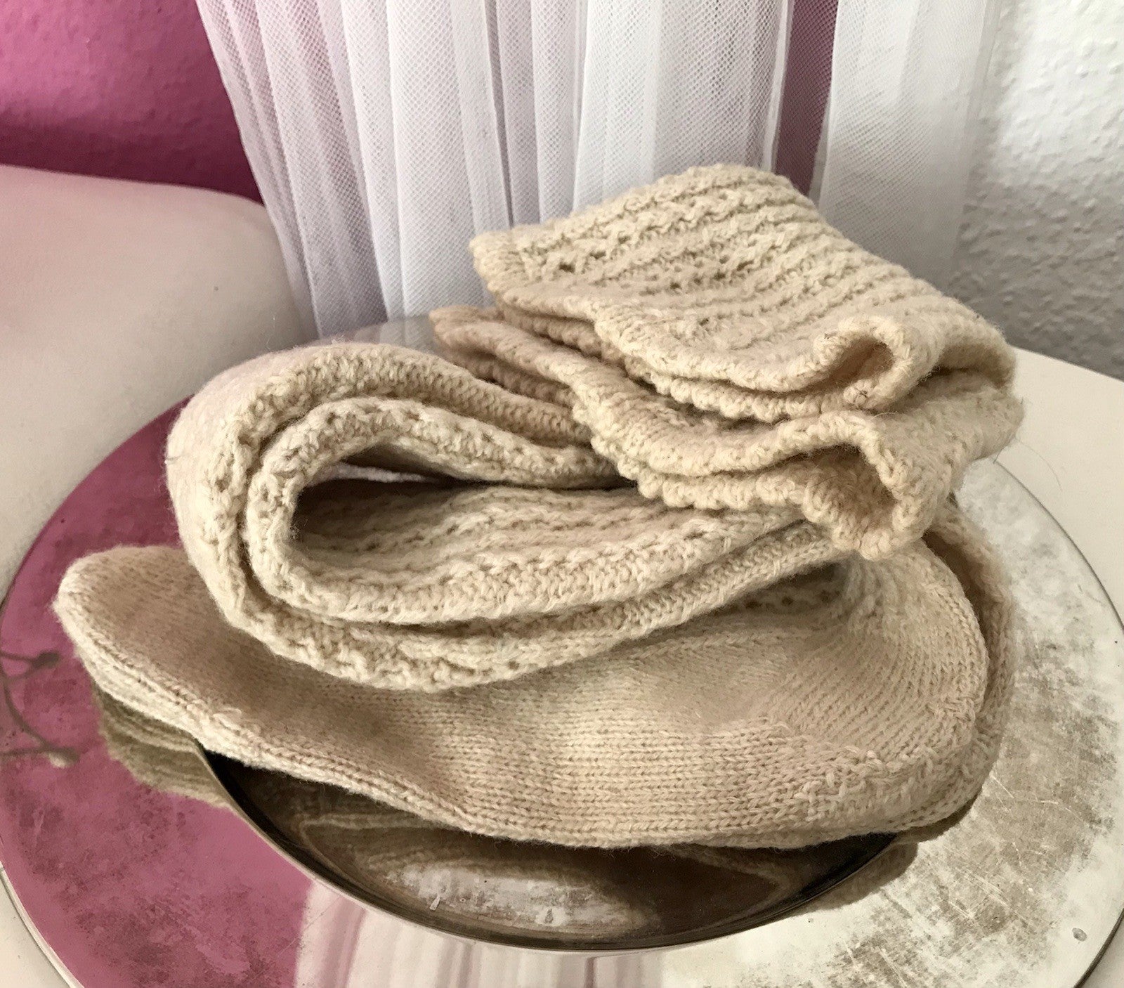 Antik Strümpfe Overkneestrümpfe Schaf-Wolle beige Trachten?