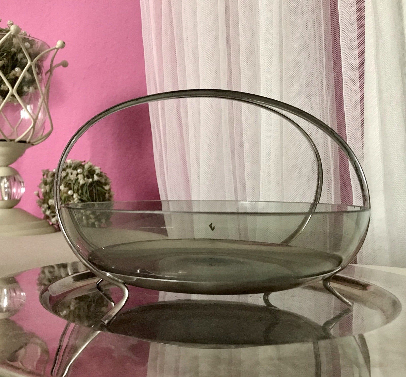 WMF ? Vintage Schale versilbert 50er 60er Mid Century Rauchglas Einsatz MCM