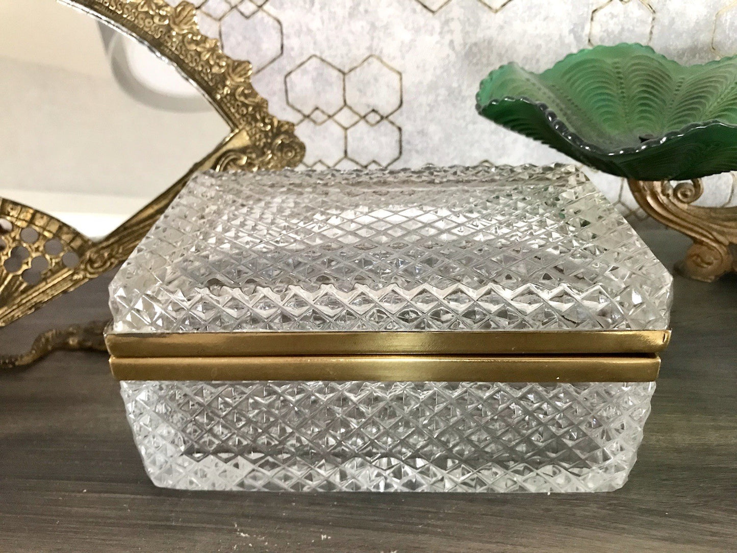 Antik Art Dèco Vintage EDEL Schatulle Deckeldose Bleikristall groß Messingrahmen