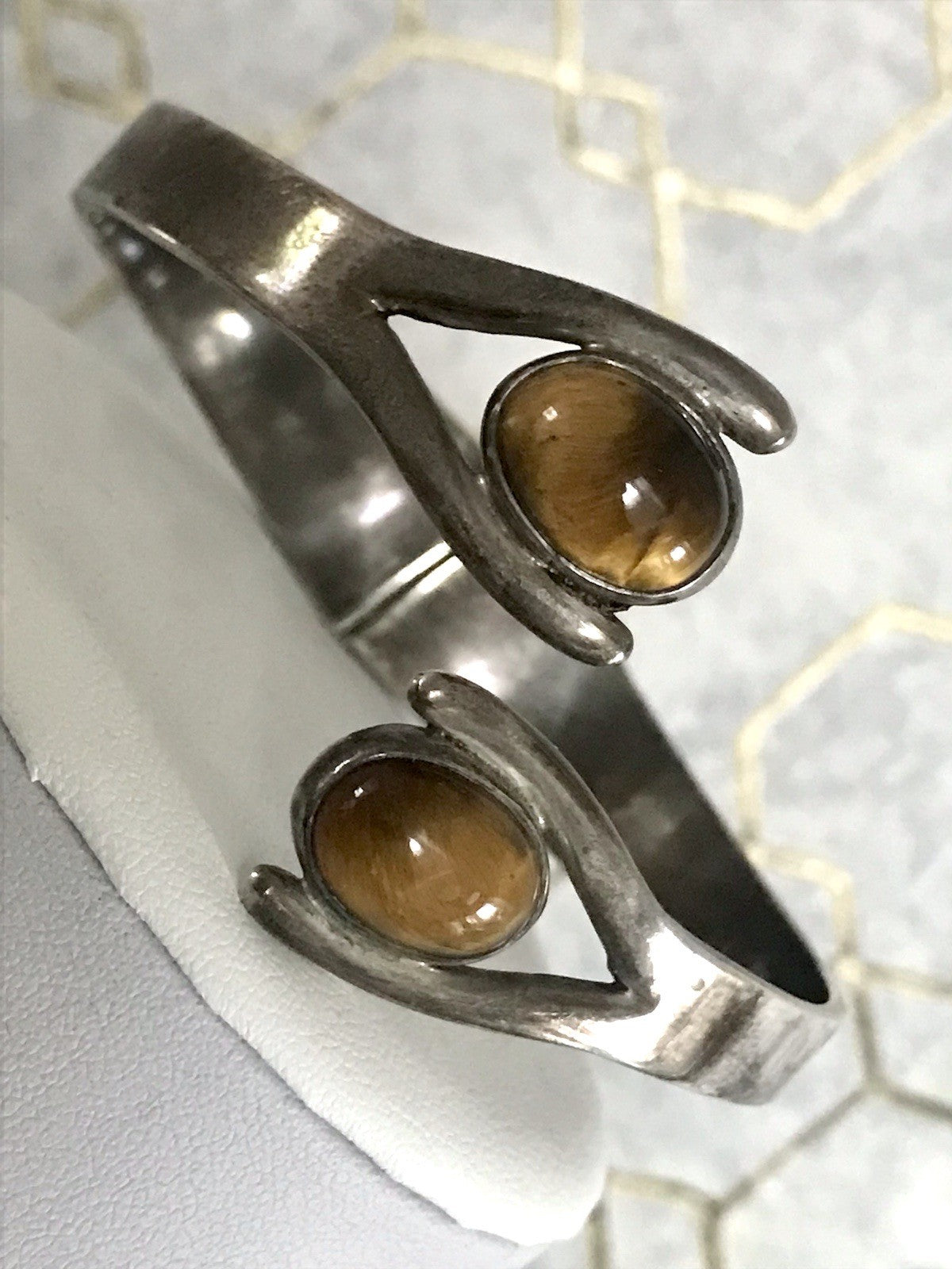 Vintage Set Halsreif Armspange Armband Collier 925 Silber Halskette Tigerauge