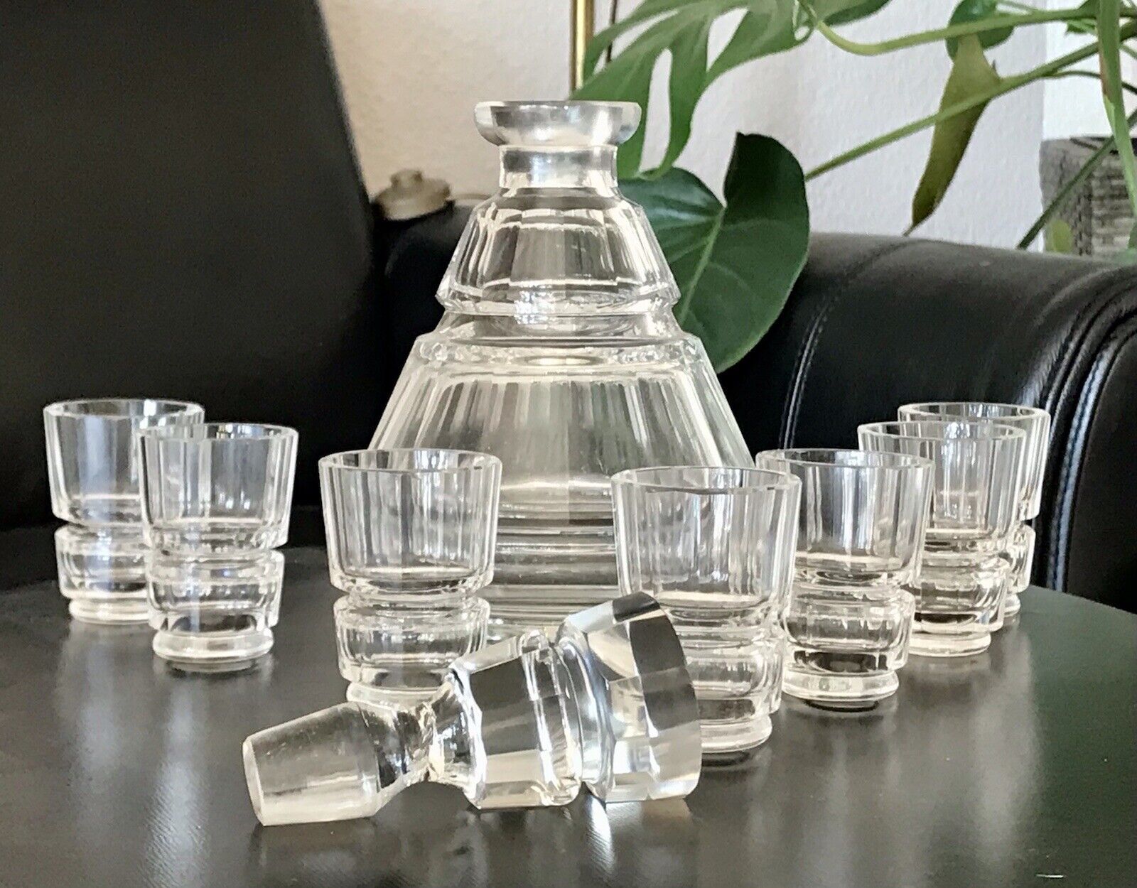 Antik 1930 Art Déco Karaffe Likör Set 7 Gläser Entwurf J.Hoffmann f. Moser&Söhne