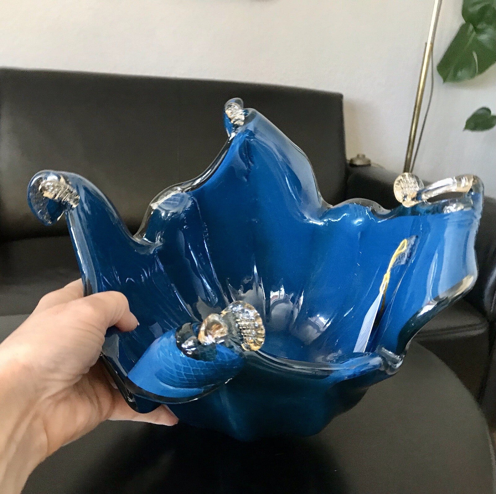 Vintage Murano Schale Vase Glas Petrol Blau metallic irisierend Edel Aufkleber