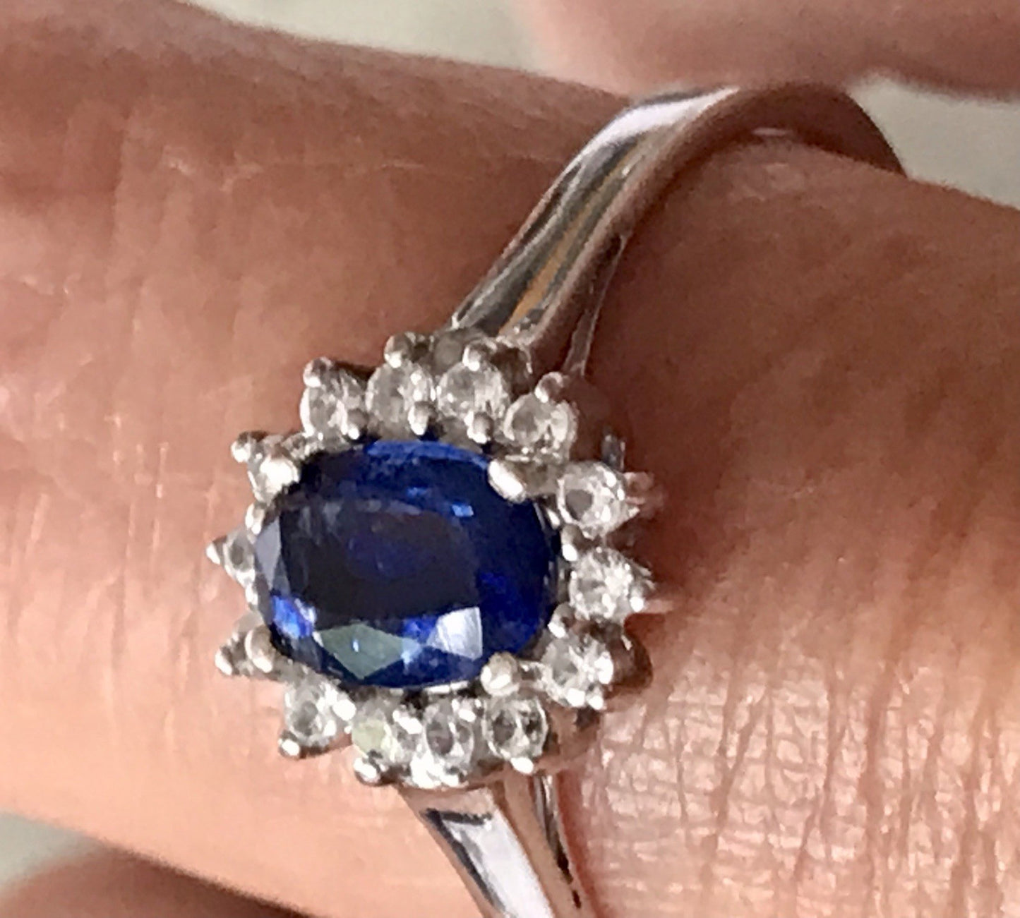 Vintage Entourage Halo Ring farblose Steine & Saphir Silber 925  ~Gr.62 63