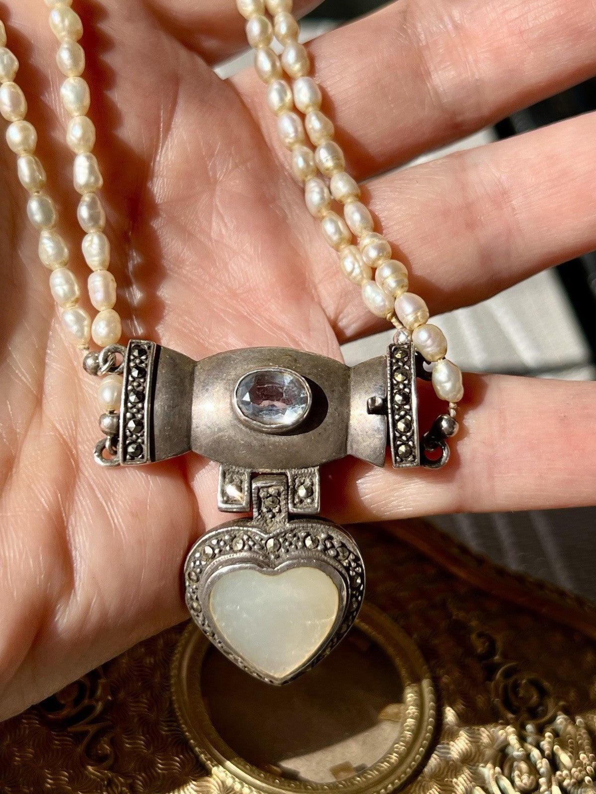 Antik  Jugendstil Silber Collier Perlen Halskette Herz Markasite blauer Stein