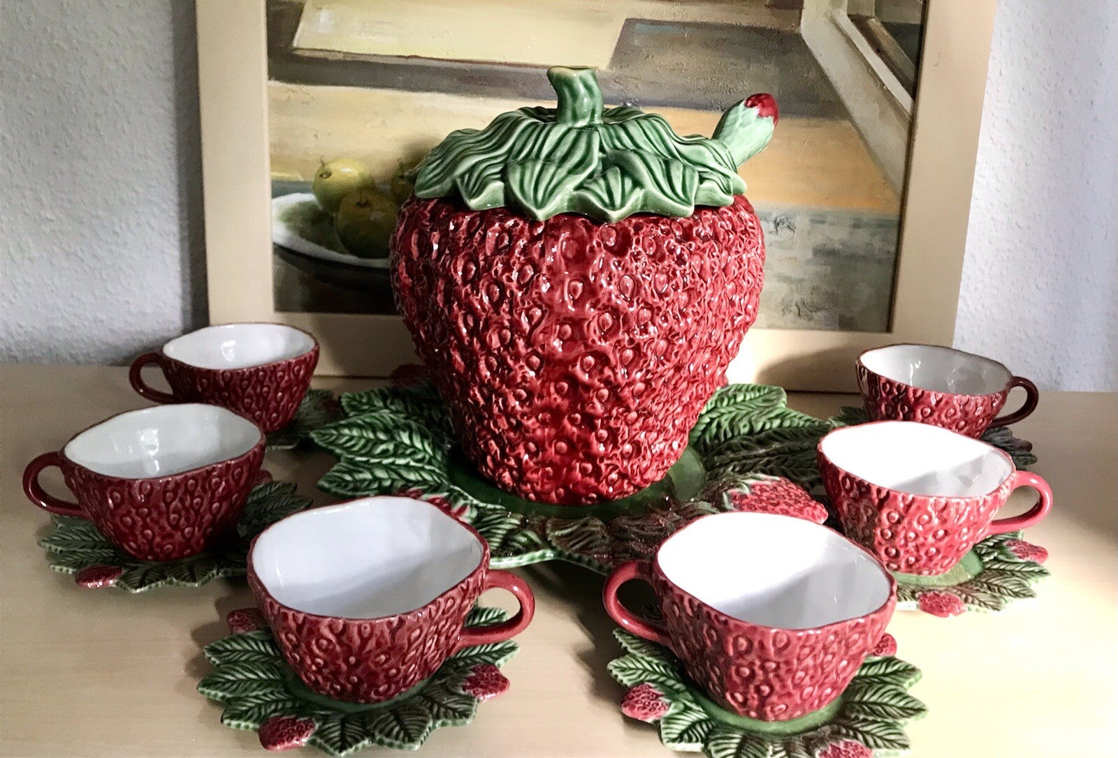 Vintage alt Majolika Keramik Bowle Set Topf 6 Tassen grün rot Erdbeere Pinhero