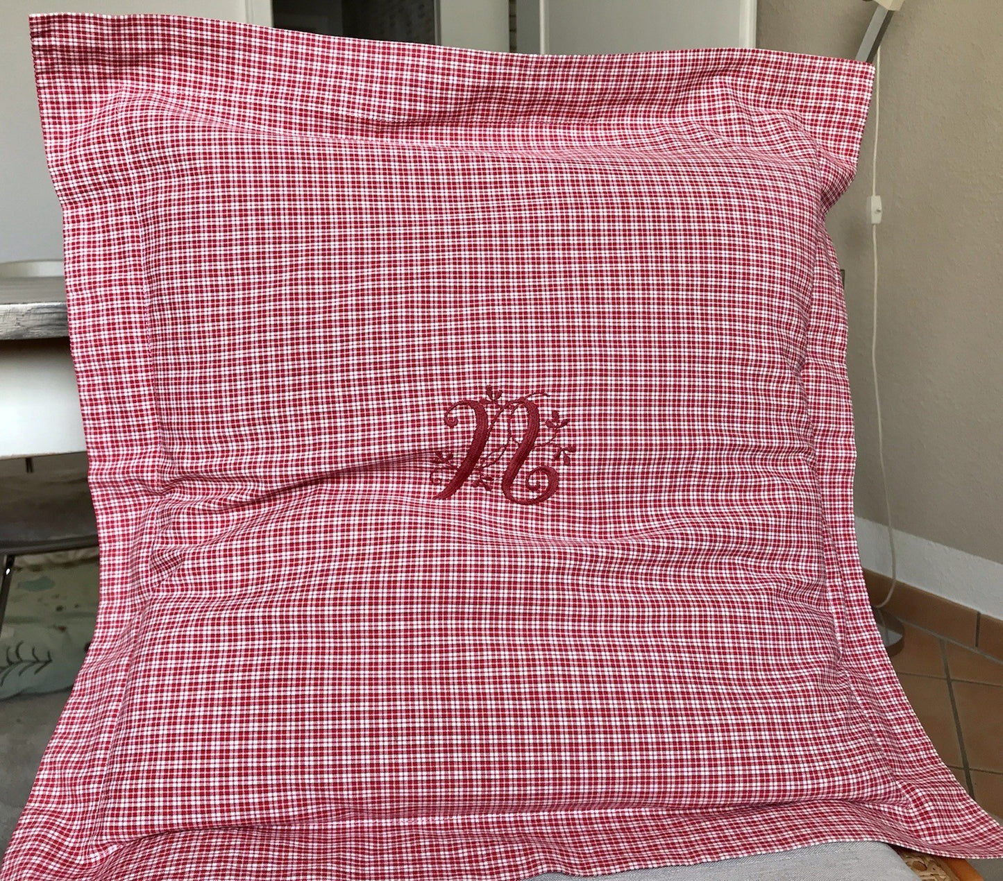 Antik? Vintage Alt Kopfkissen Bezug Baumwolle Monogramm N Stehsaum rot kariert