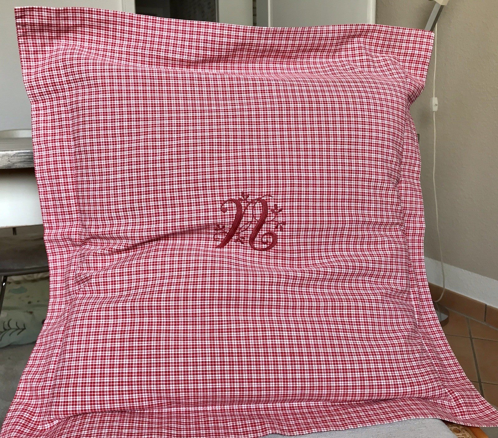 Antik? Vintage Alt Kopfkissen Bezug Baumwolle Monogramm N Stehsaum rot kariert