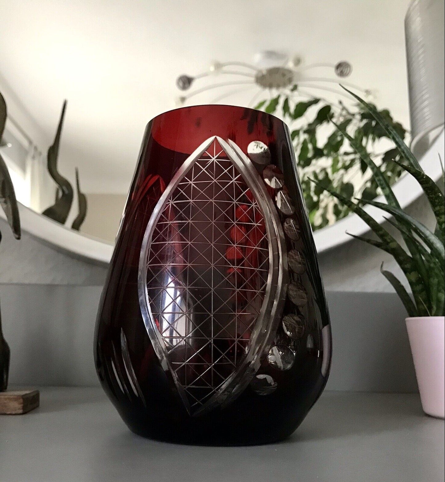 Antik alt Art Déco rubin rot geschliffen Überfangglas Vase Glasvase geschliffen