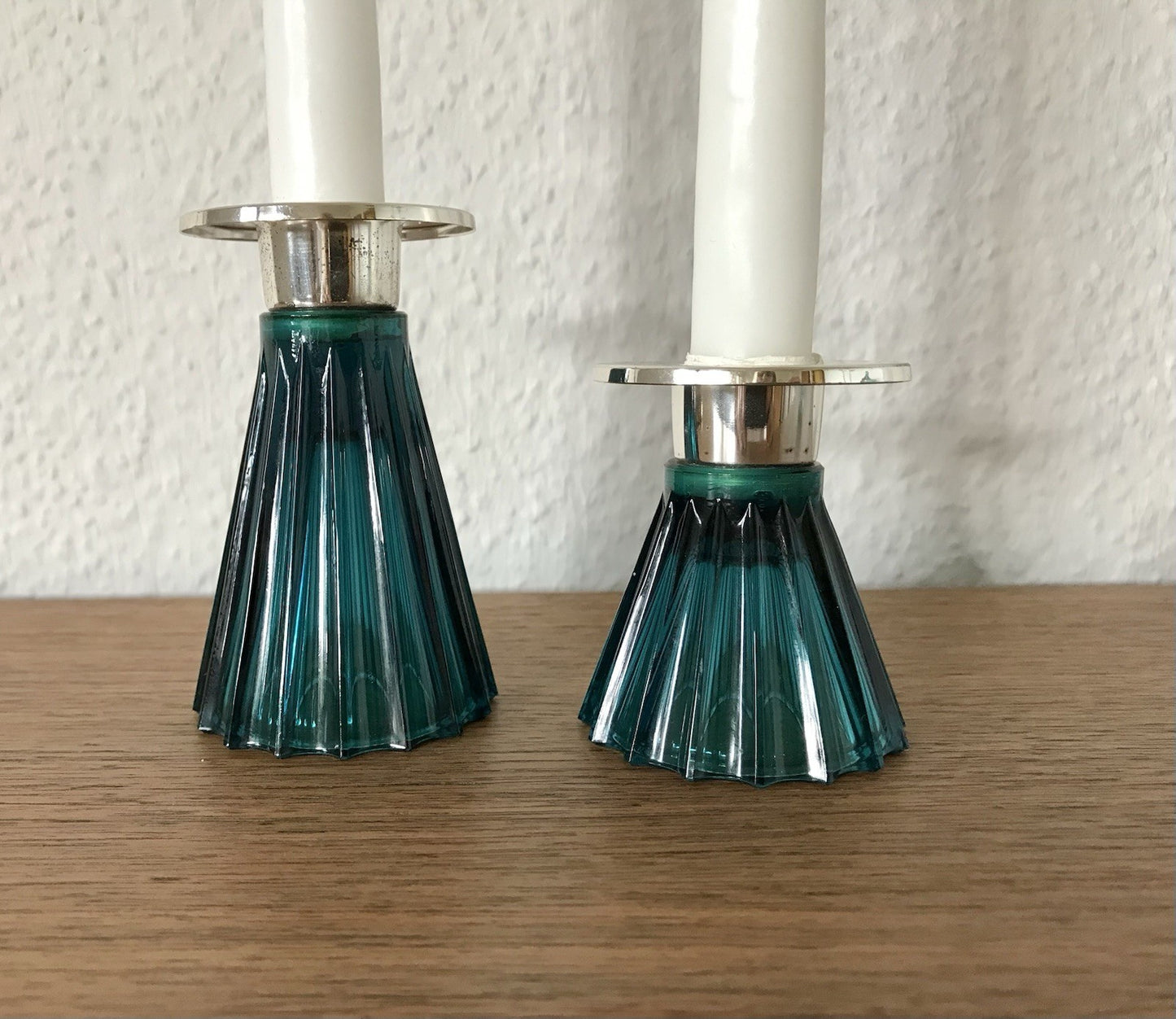 Vintage alt WMF 2 Leuchter Glas türkis versilbert Wagenfeld Ära