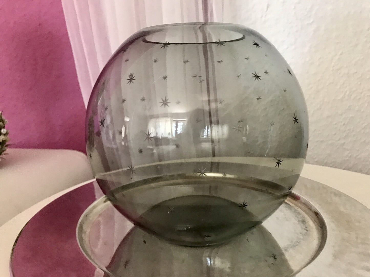 Alt Vintage Glasvase Glas Rauchglas Vase Mid century Kugelvase Grau Sternchen