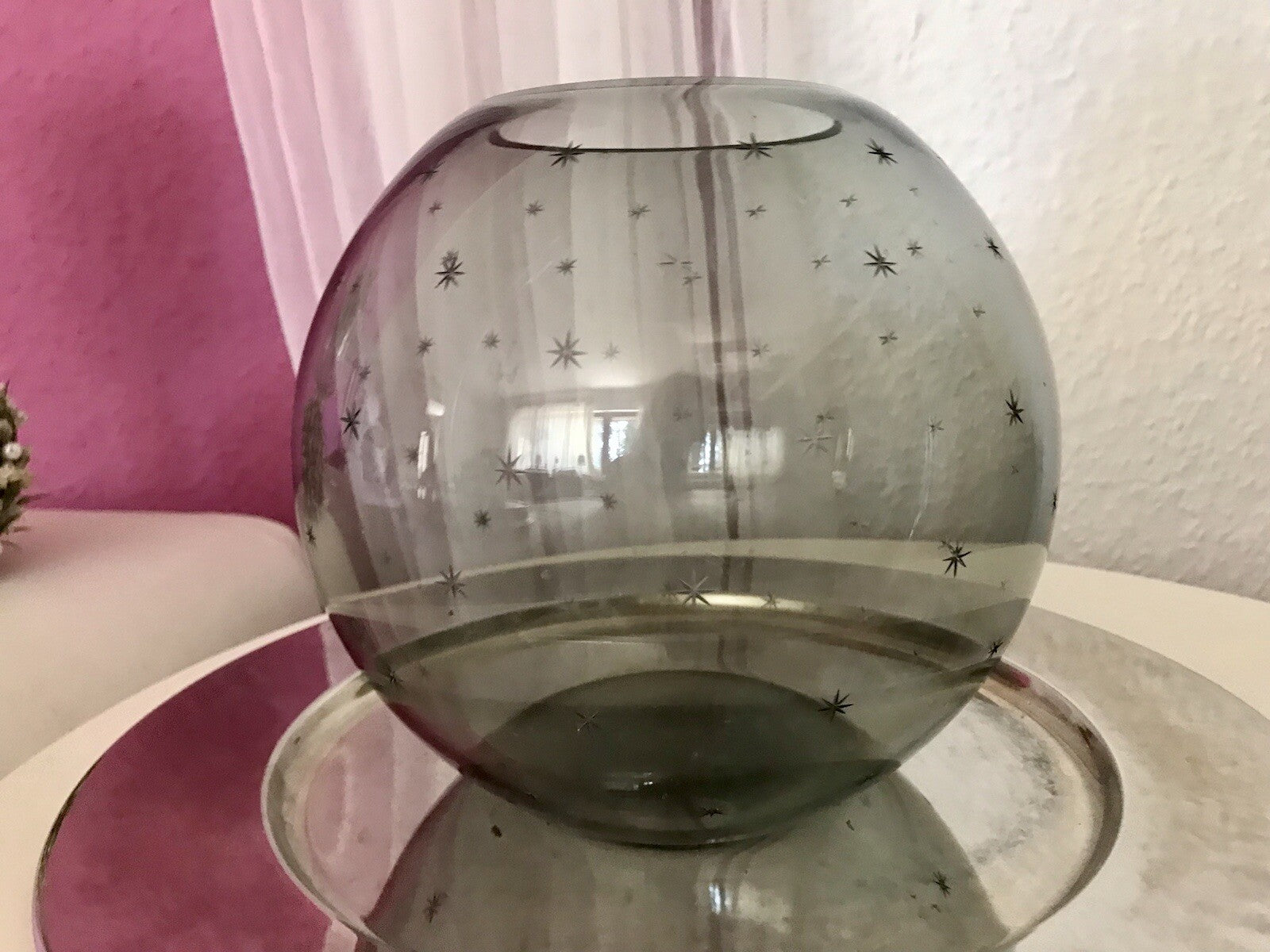 Alt Vintage Glasvase Glas Rauchglas Vase Mid century Kugelvase Grau Sternchen