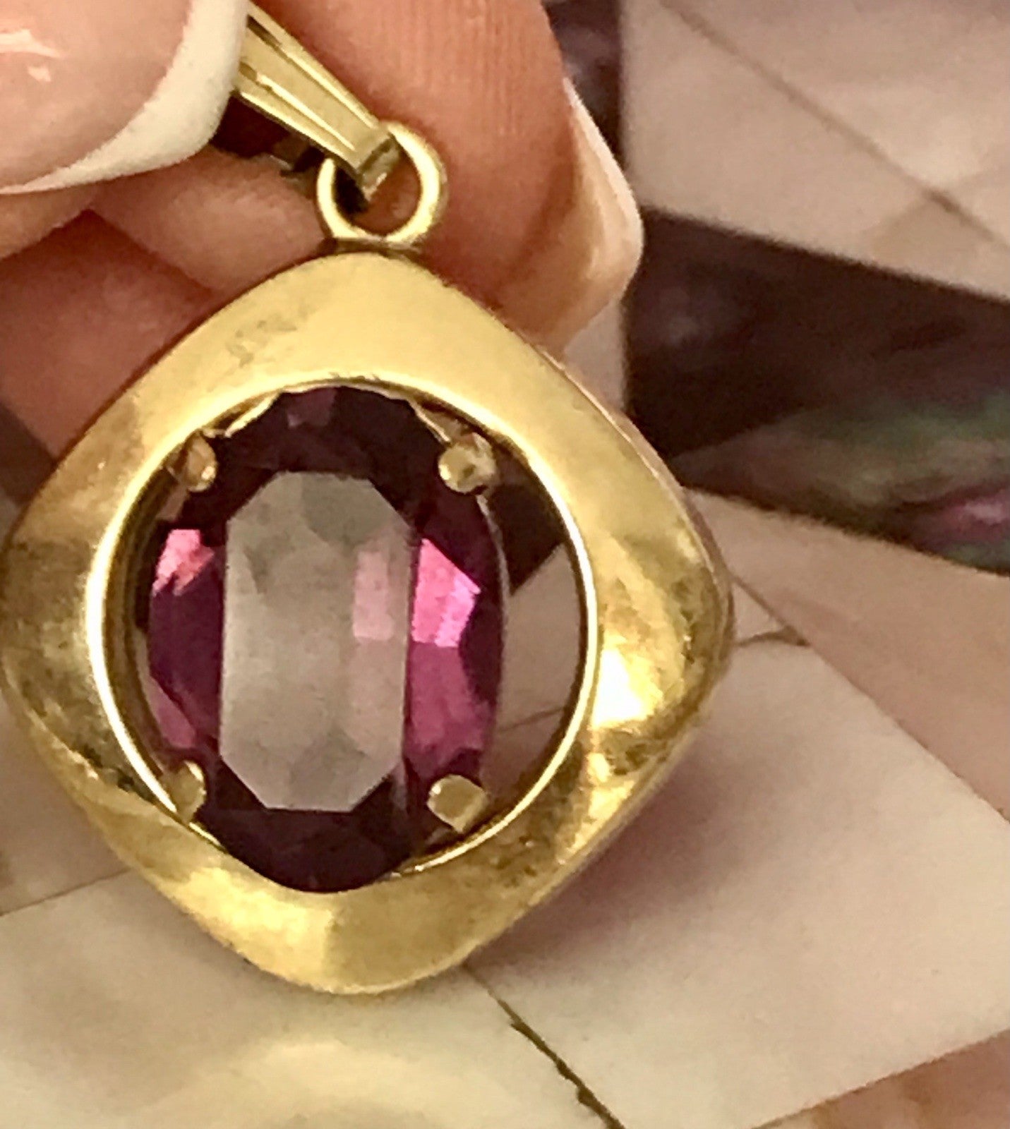 Vintage Designer Anhänger lila Stein Amethyst? Amerik. Doublè vergoldet