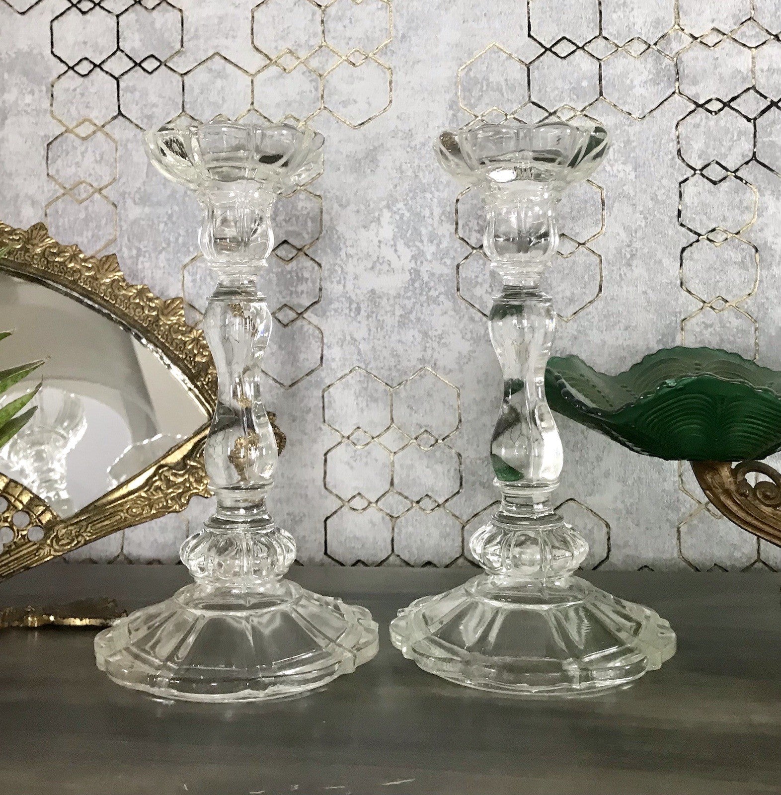 Antik Art Déco 2x Kerzenleuchter Leuchter Kerzenständer Pressglas Glas