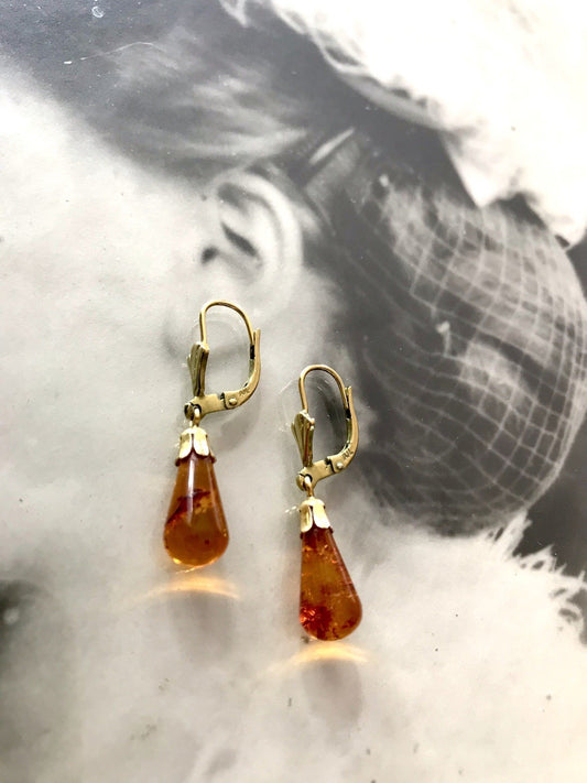 Antik Vintage Ohrhänger Ohrringe Pampel Bernstein ? DAMEN Amerik. Doublè