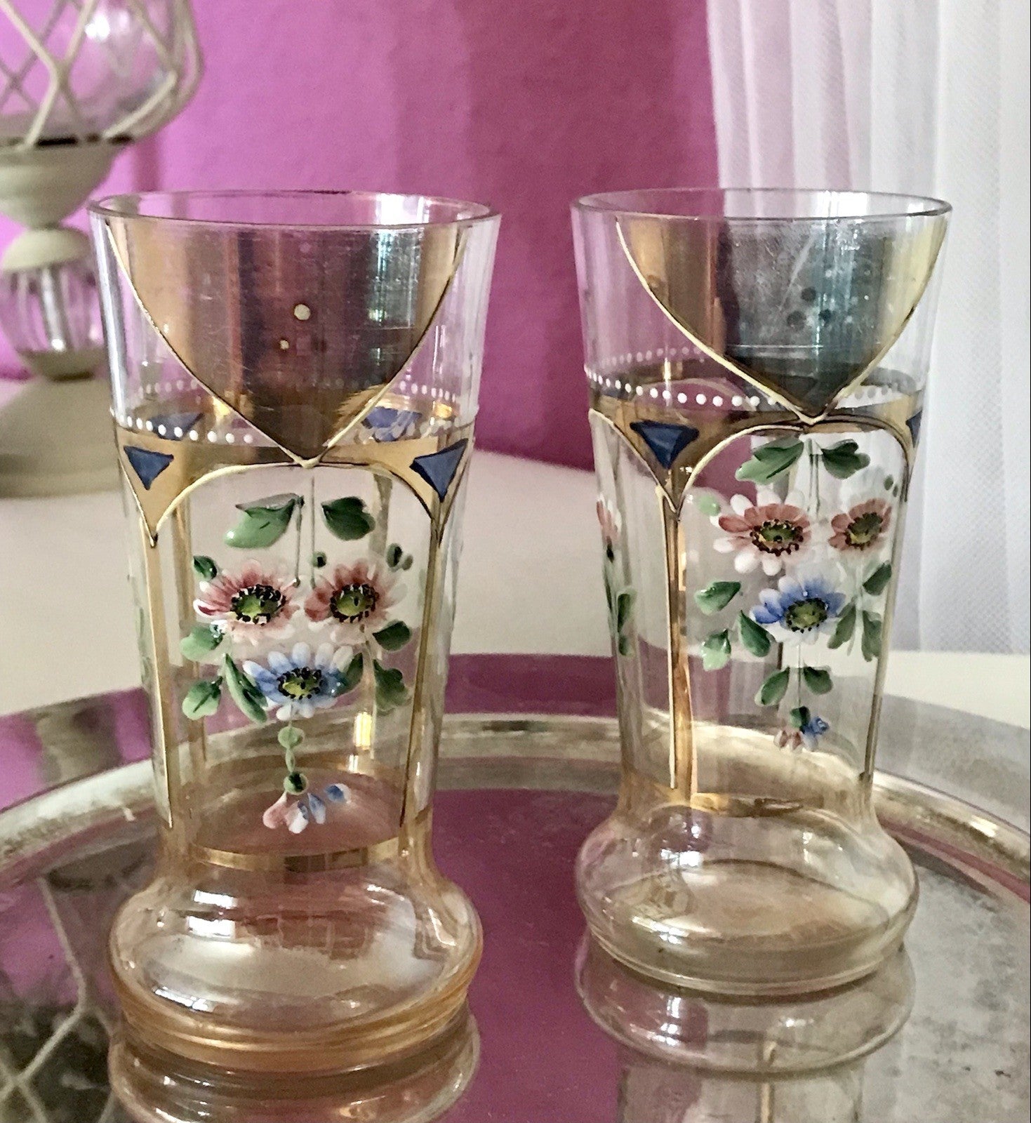 Antik Jugendstil Emaile -Malerei Glas Fußbecher Becher Pokal Bierglas irisierend