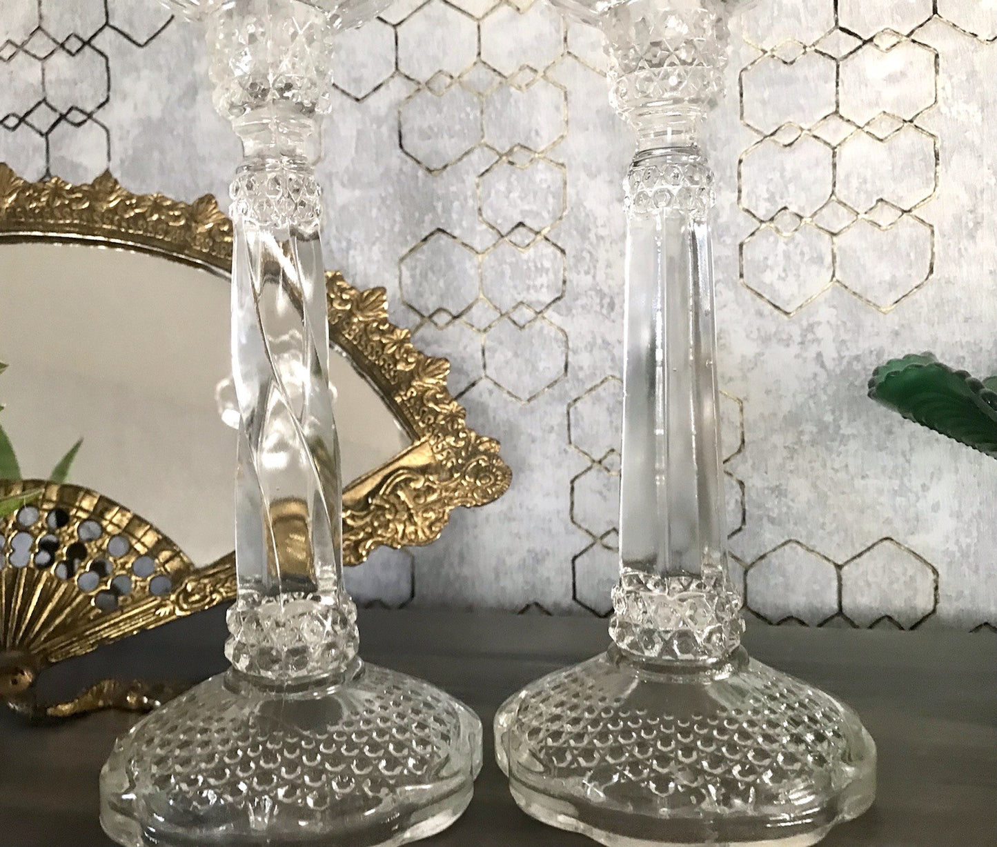Antik Art Déco 2x Kerzenleuchter Leuchter Kerzenständer Pressglas Glas