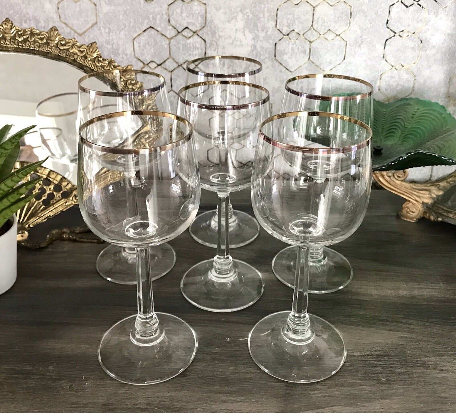 Art Déco Stil 6 Gläser Weingläser Weißweingläser Glas Goldrand Lausitzer