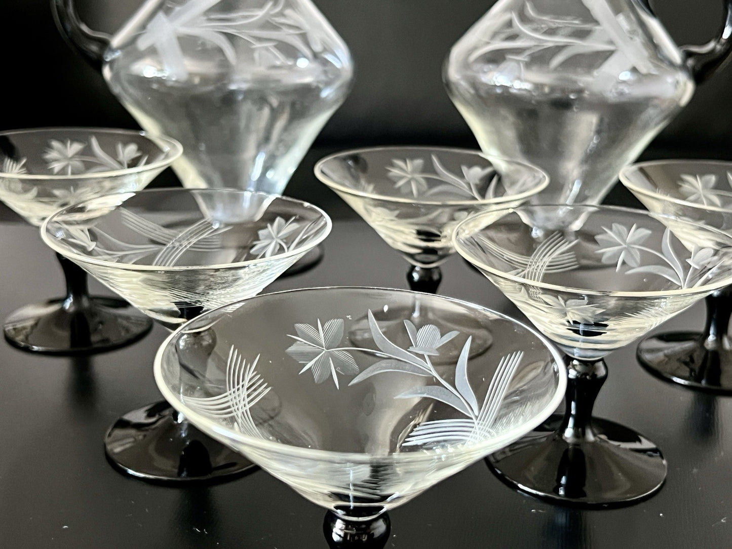 Antik Art Déco Likör 2x Karaffe & 6 Gläser Likörschalen Glas schwarz Stiel