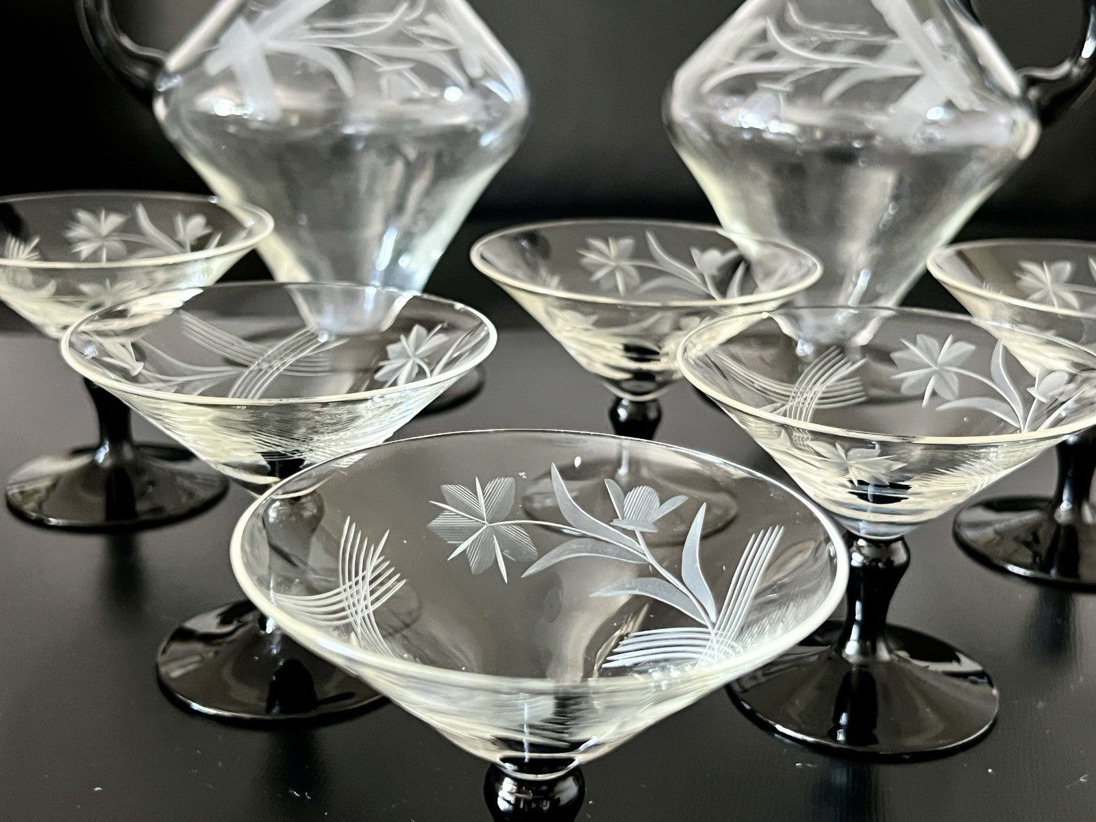 Antik Art Déco Likör 2x Karaffe & 6 Gläser Likörschalen Glas schwarz Stiel