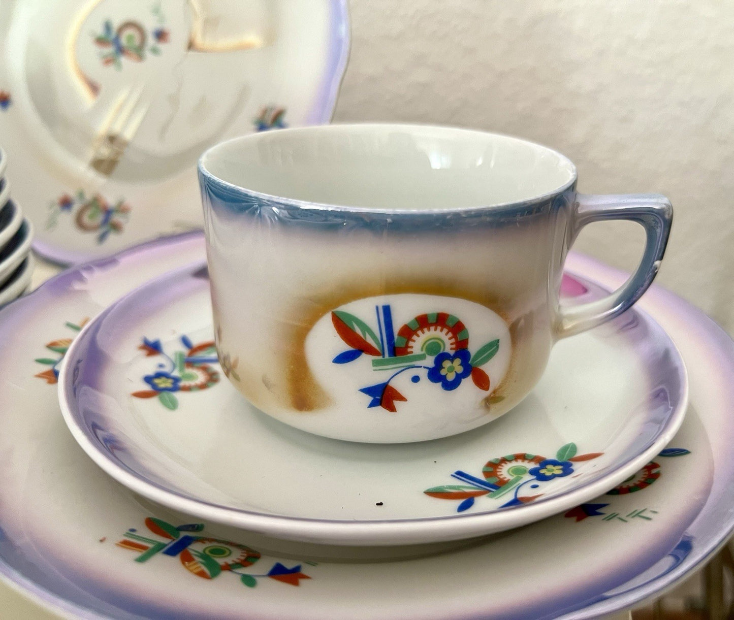 Antik Art Déco Porzellan Kaffeeservice Spritzdekor Teeservice 9 Pers. plus