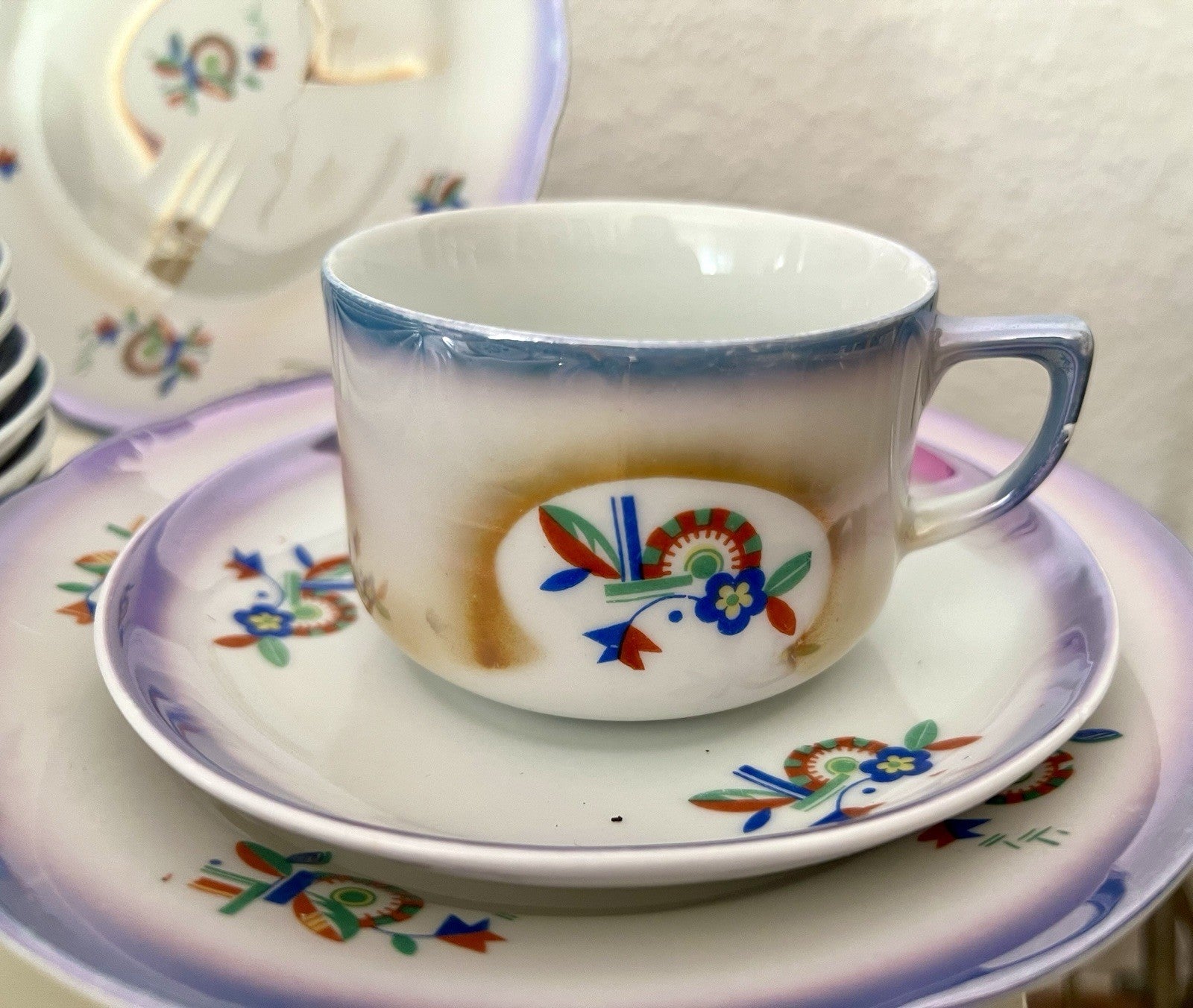 Antik Art Déco Porzellan Kaffeeservice Spritzdekor Teeservice 9 Pers. plus