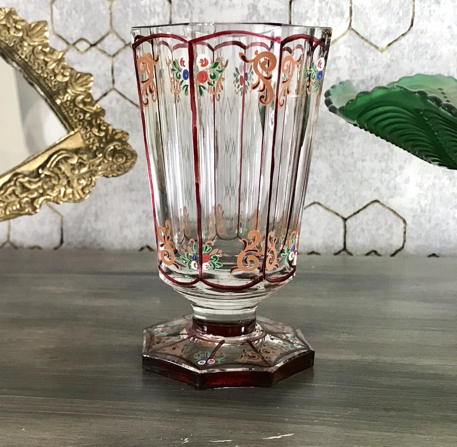 Antikisiert Replik Böhmisch Biedermeier Email-Malerei Glas Fußbecher bemalt