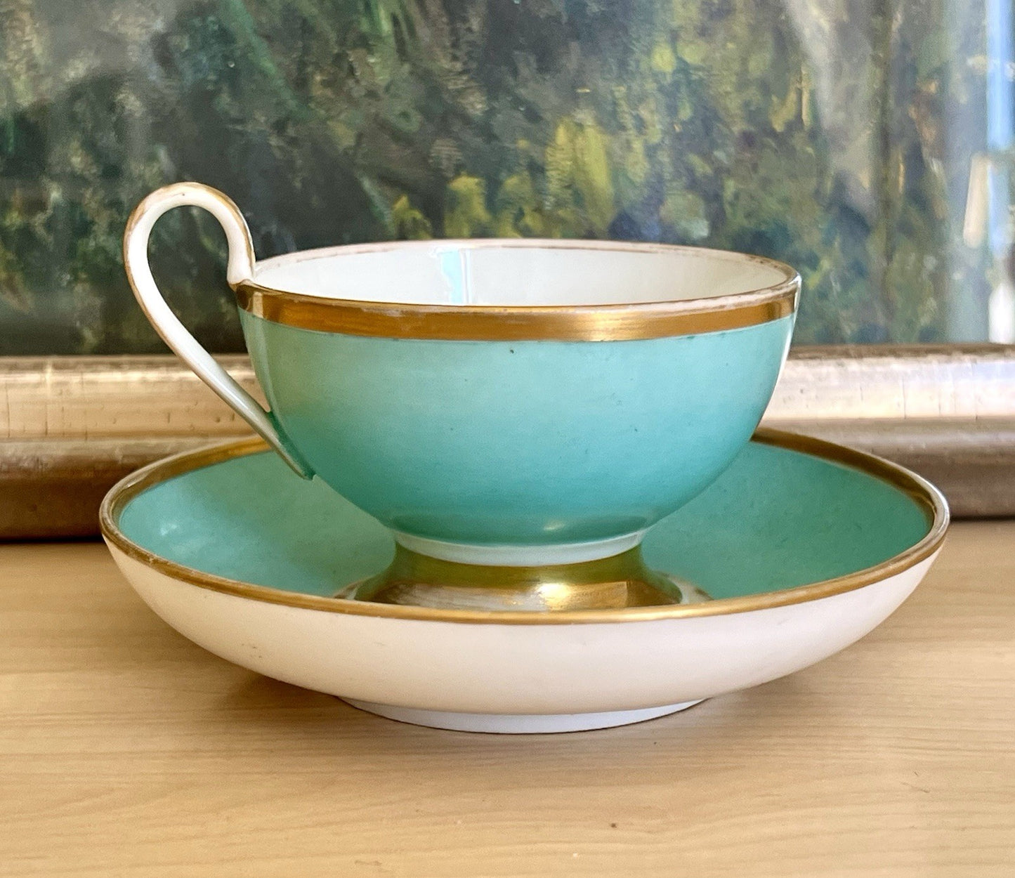 Antik Biedermeier Porzellan Kaffeegedeck Tasse Teetasse schön weiß türkis gold!