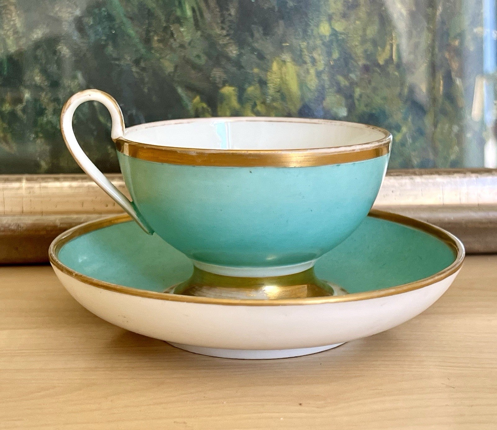 Antik Biedermeier Porzellan Kaffeegedeck Tasse Teetasse schön weiß türkis gold!