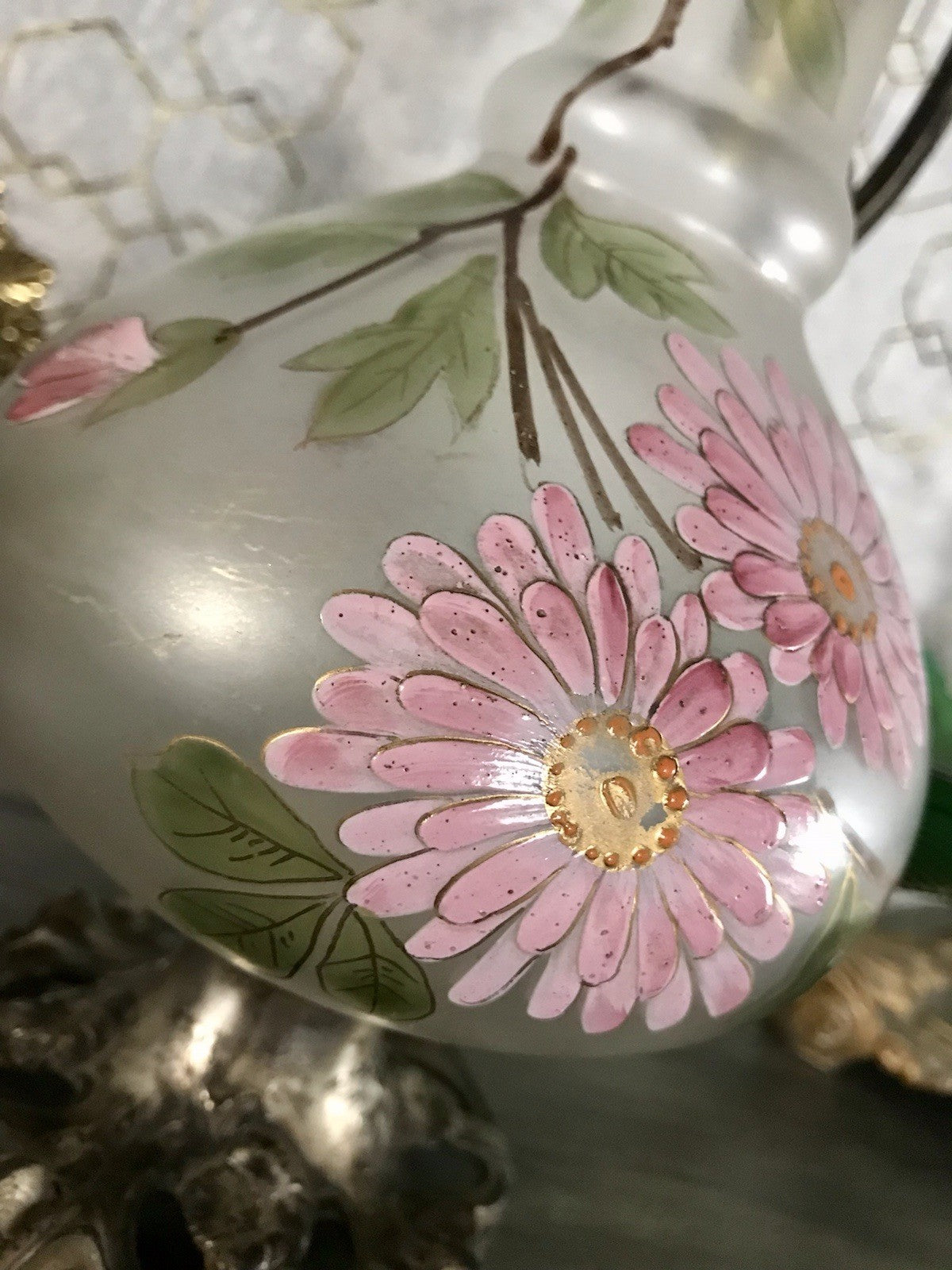 Antik Legras Karaffe Dekanter Schankkrug Glas versilbert Montur bemalt