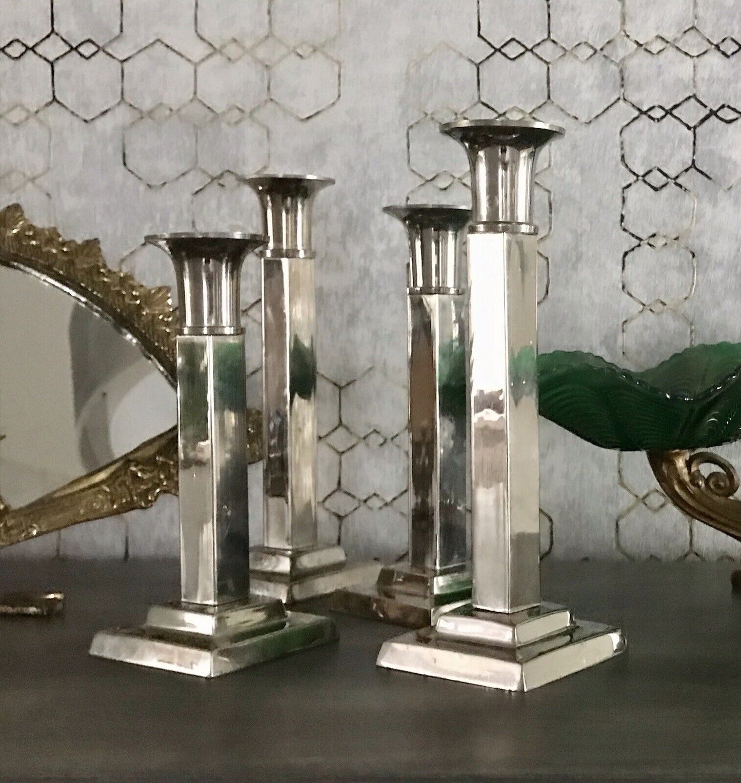 4 Kerzenleuchter Kerzenständer Leuchter Art Déco Stil versilbert? kantig