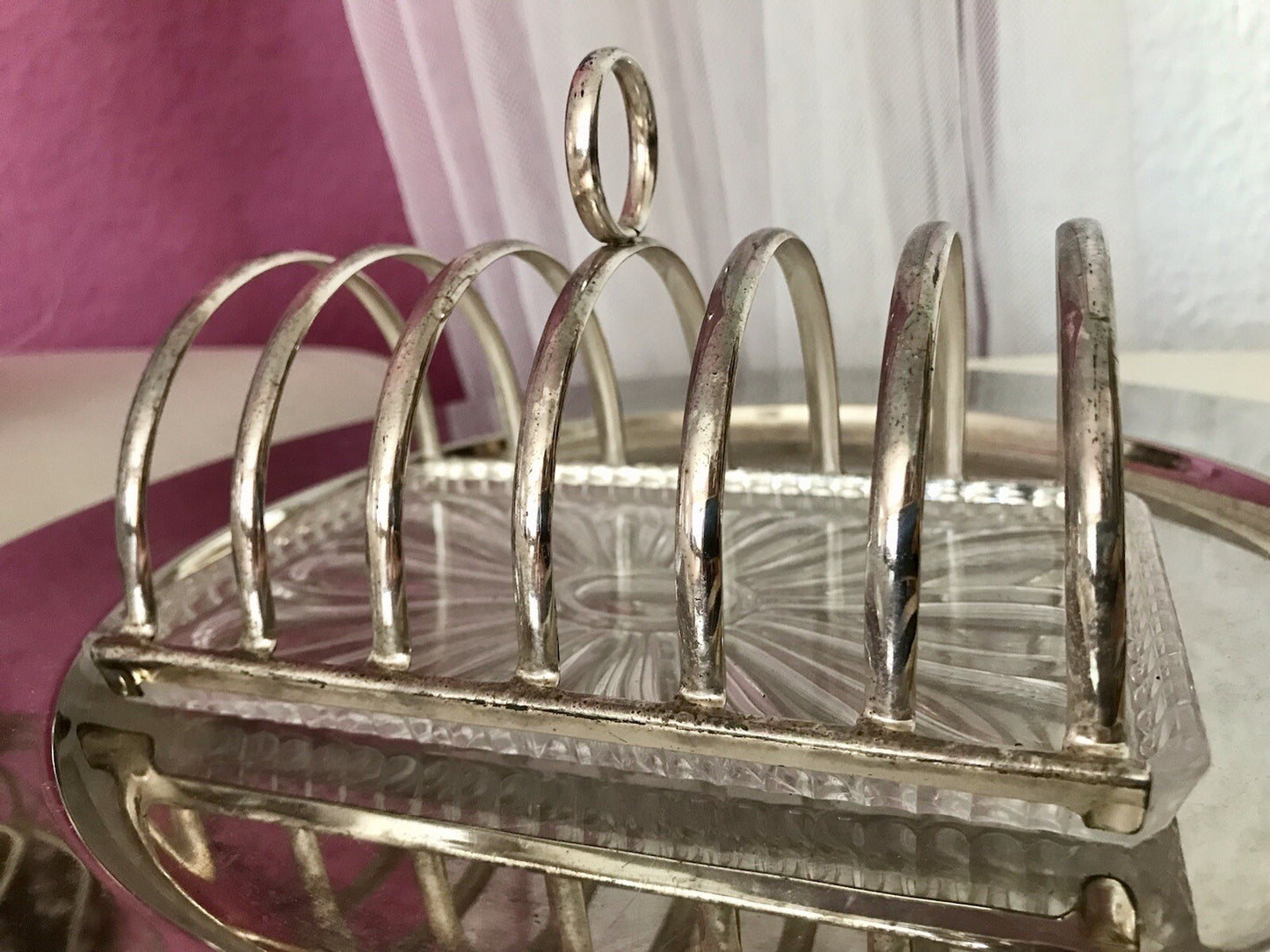 Vintage Toastbrot Ständer Halter versilbert Glaseinsatz Kristallglas 60er Jahre