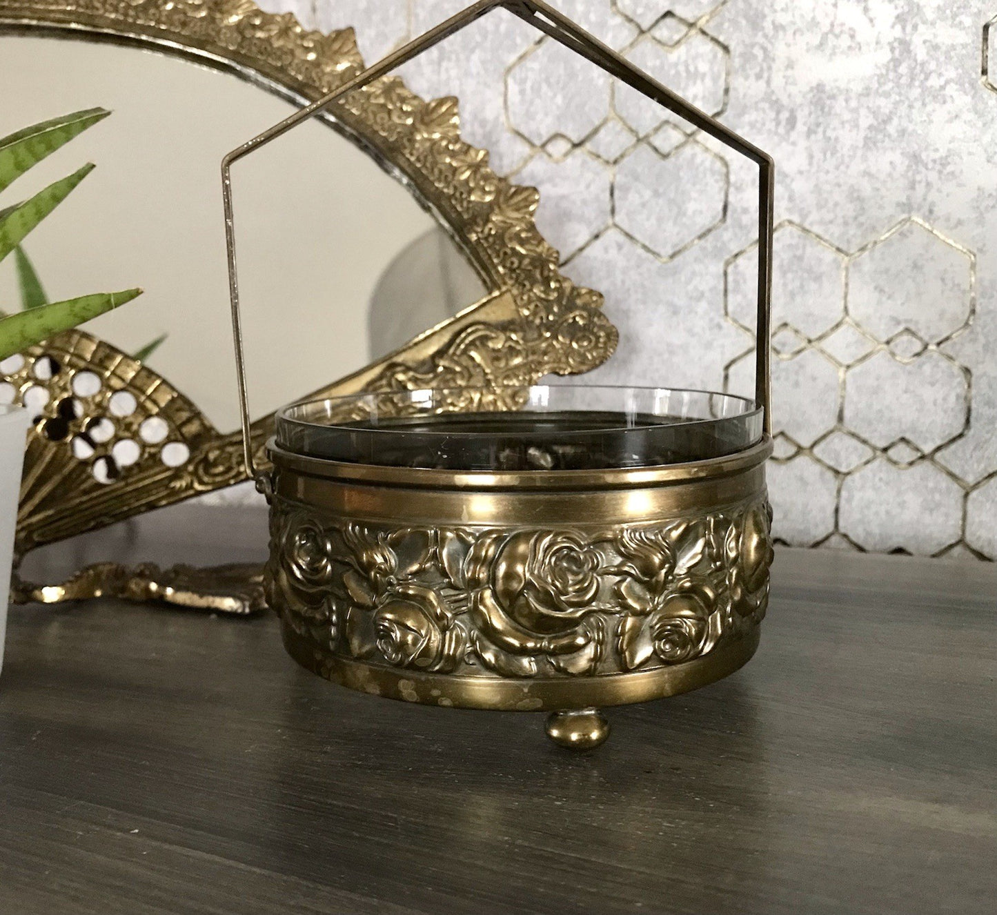 Antik Jugendstil Art  Déco Messing Montur Rosen Schale Bonboniere Glaseinsatz