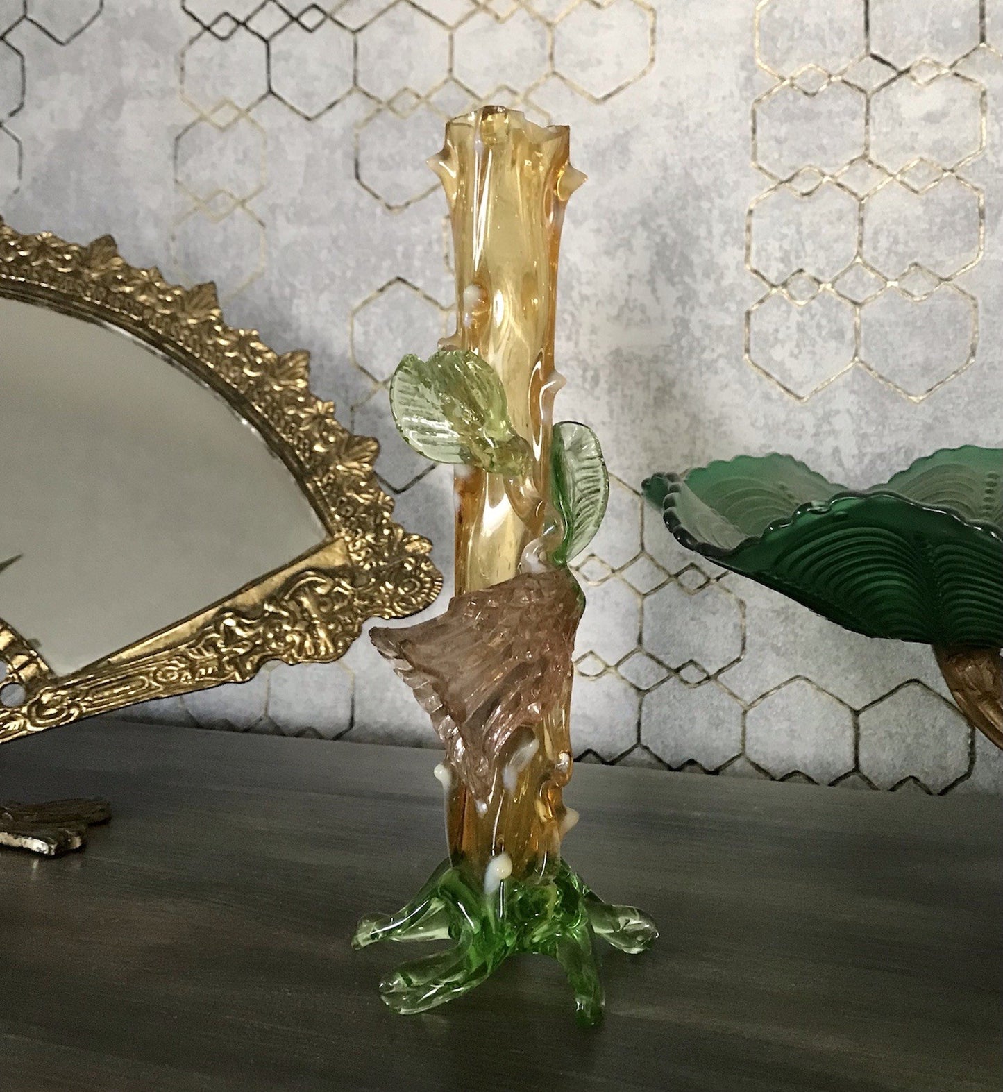 Antik Vase Glasvase Jugendstil Aufschmelzungen Krallik? Lötz? teils Uranglas