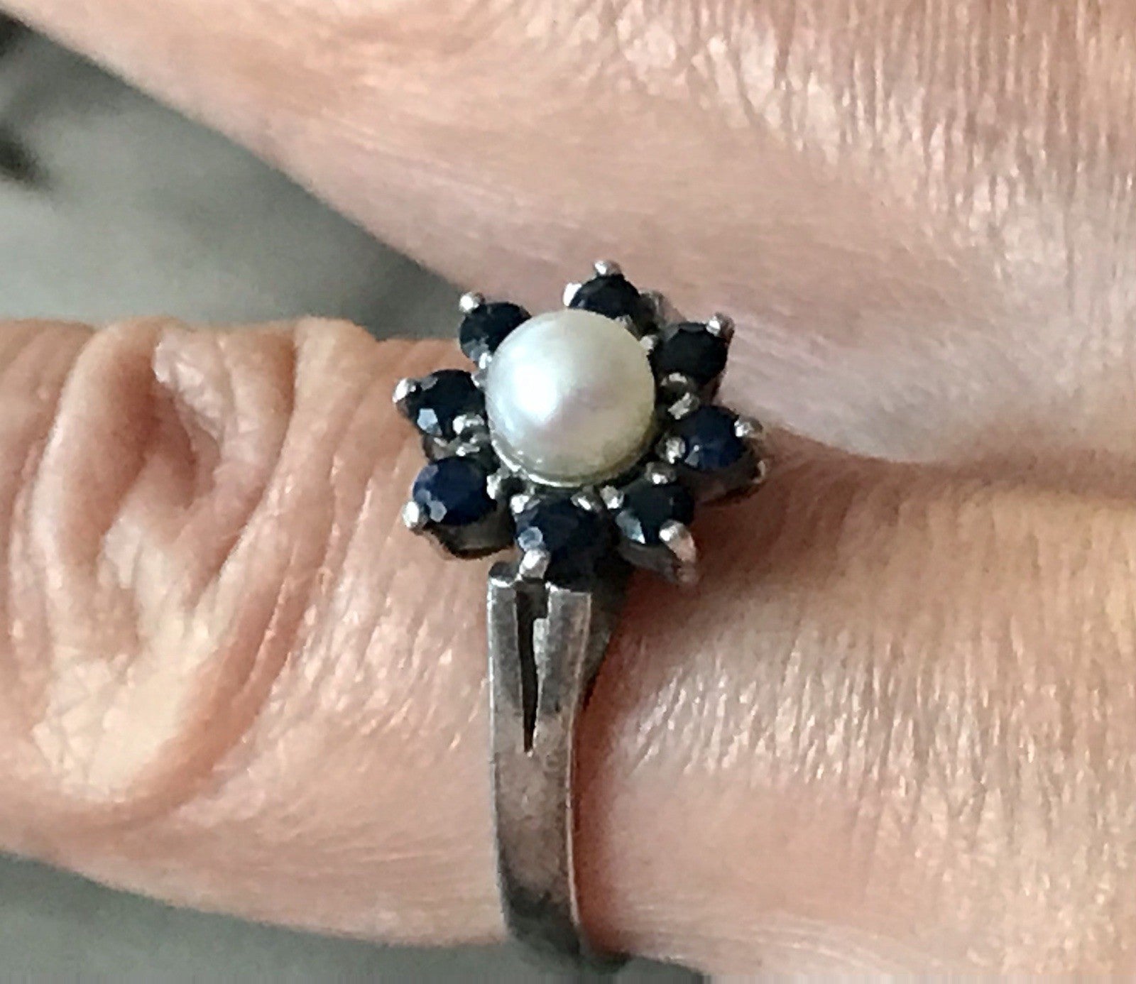 Antik? Vintage Art Déco Damen Ring Perle Spinell ? Saphir? Silber 925 Gr.57 18,1