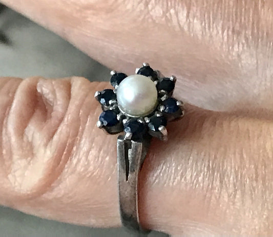 Antik? Vintage Art Déco Damen Ring Perle Spinell ? Saphir? Silber 925 Gr.57 18,1