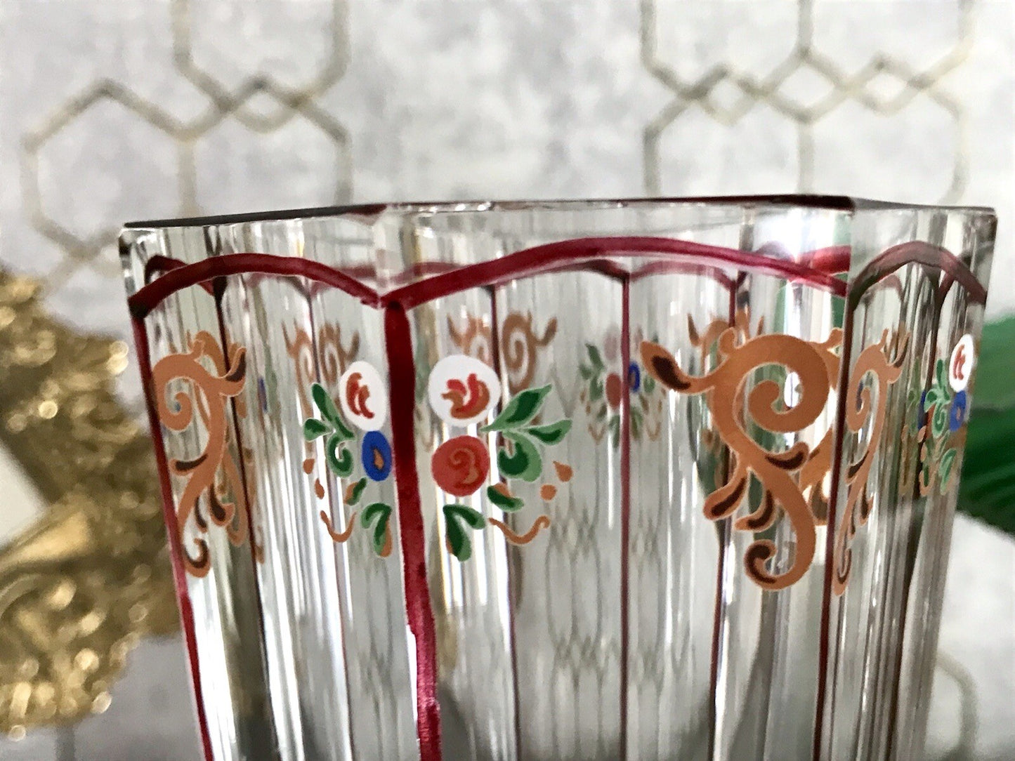 Antikisiert Replik Böhmisch Biedermeier Email-Malerei Glas Fußbecher bemalt