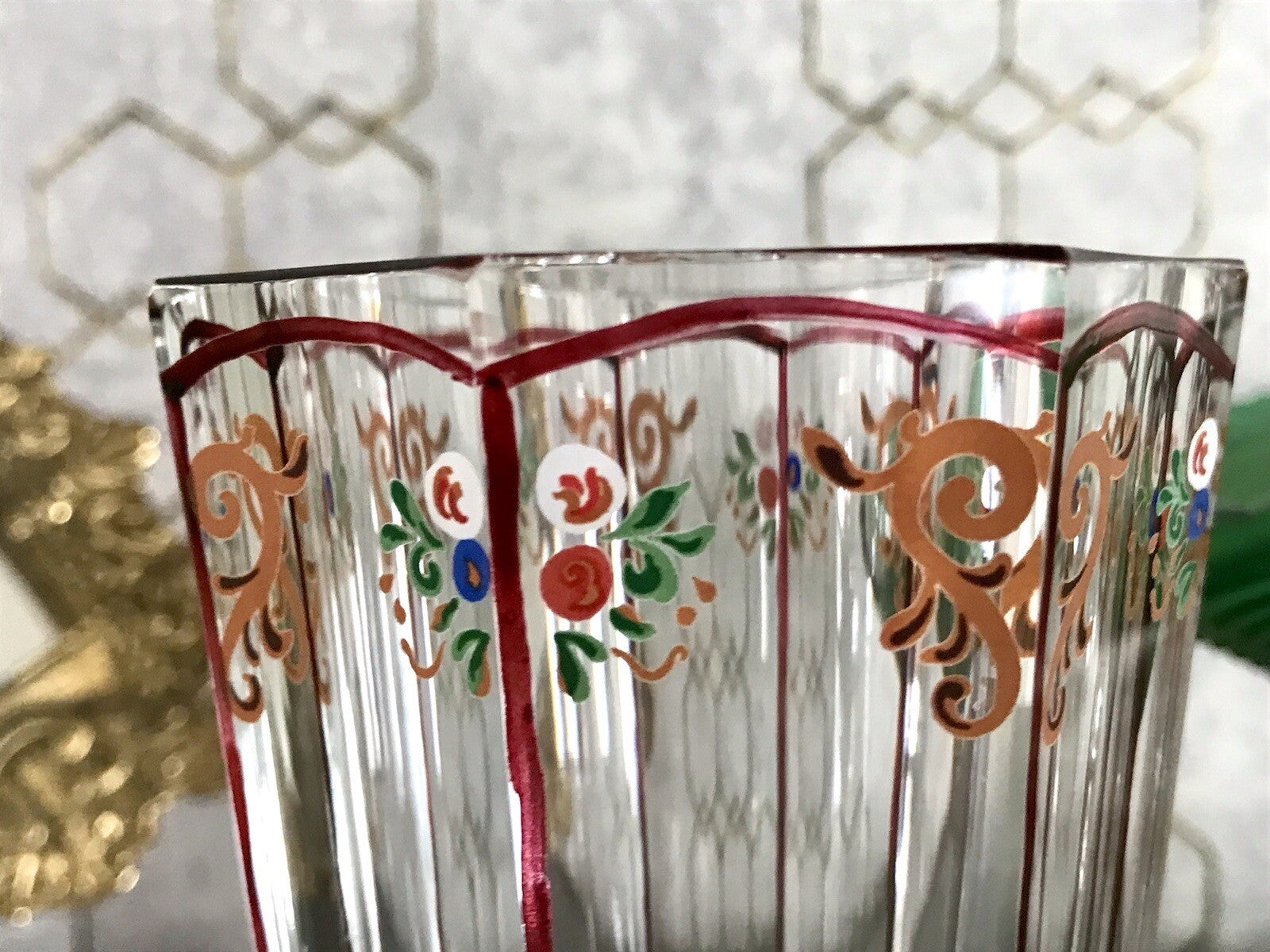 Antikisiert Replik Böhmisch Biedermeier Email-Malerei Glas Fußbecher bemalt