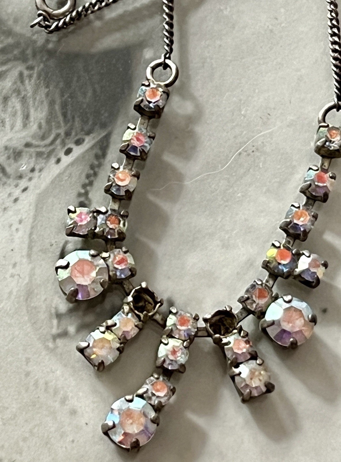 Vintage Antik? 835 Silber Collier Halskette Aurora Borealis? Steine