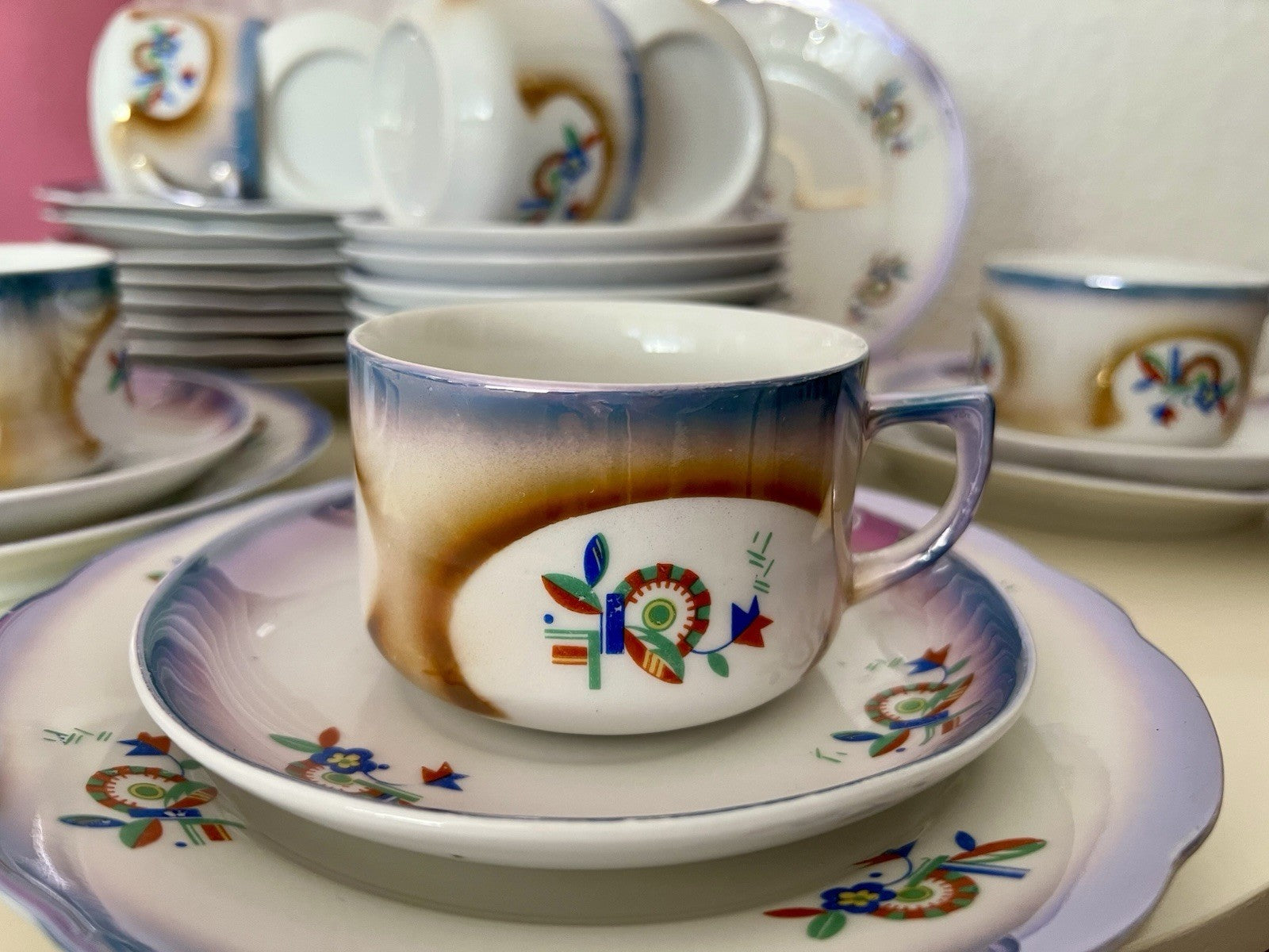 Antik Art Déco Porzellan Kaffeeservice Spritzdekor Teeservice 9 Pers. plus