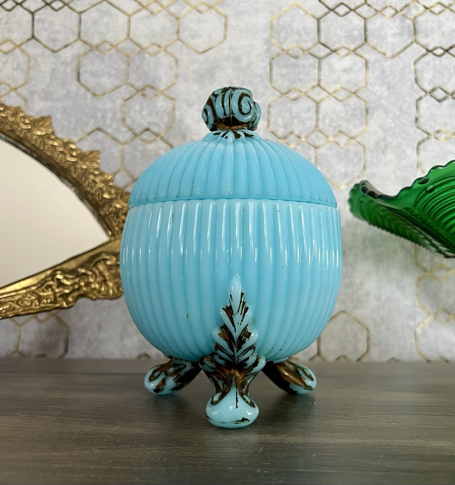 Antik Jugendstil Glasdose Kugel Dose Opalglas Deckeldose blau Pressglas SCHÖN!