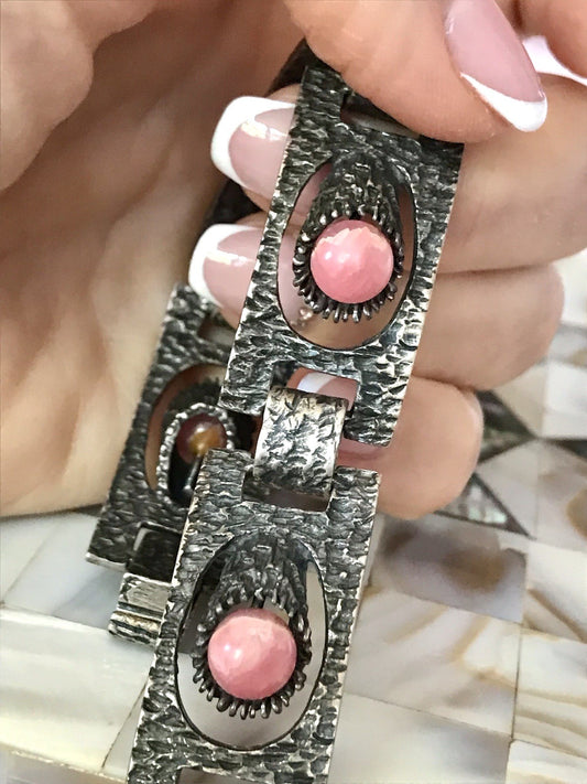 Vintage Schmuck Set 60er Designer Armband Ring Modernist 925 Silber Rosenquarz